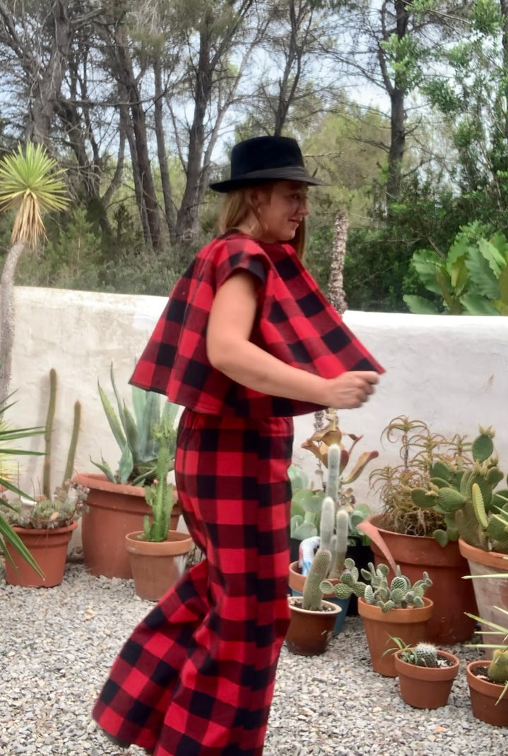 Red and black checked cropped waistcoat jacket made by Vagabond Ibiza from dead stock vintage textiles