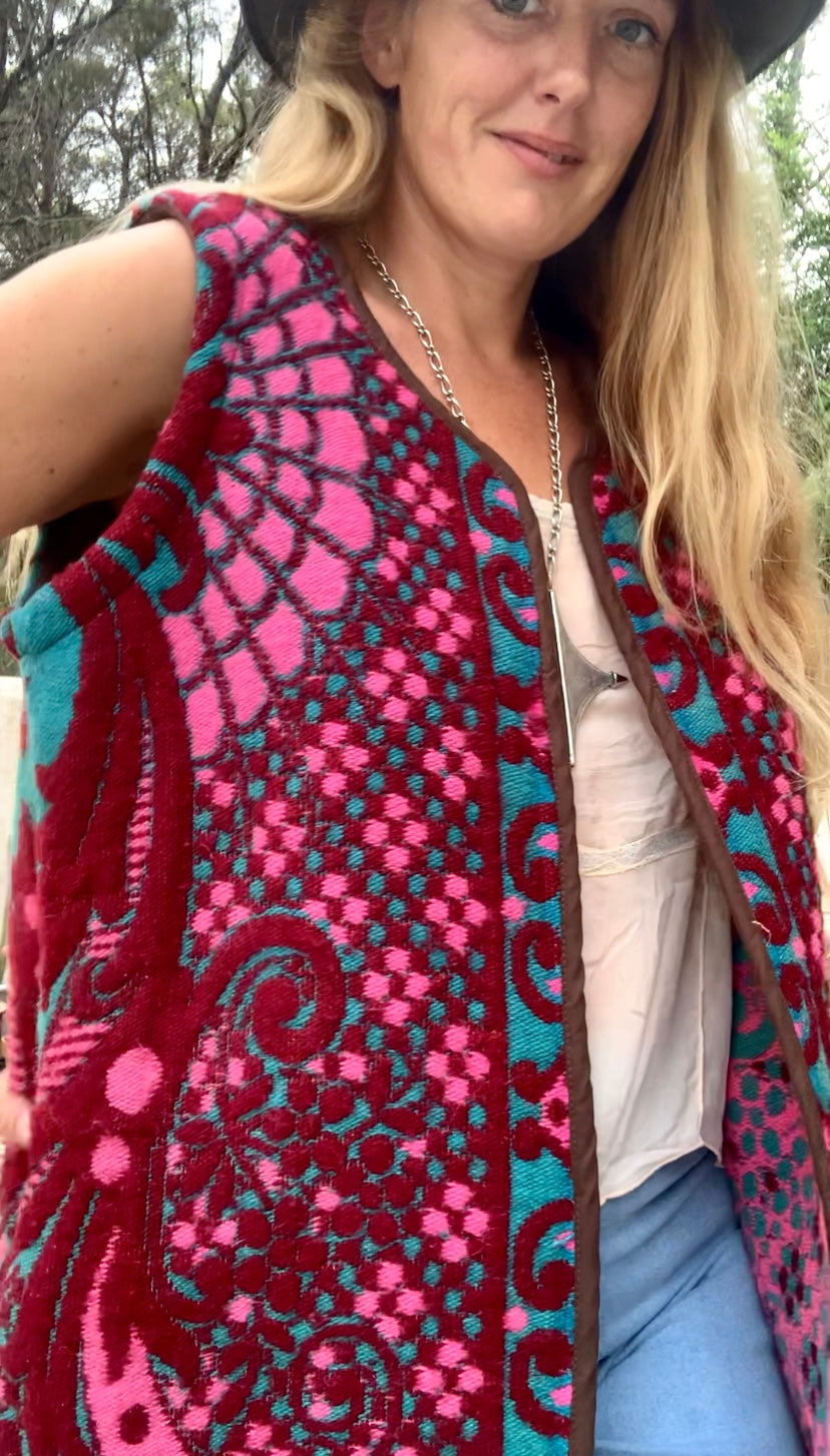 Amazing hand woven English textiles Up-cycled waistcoat jacket made by Vagabond Ibiza with bright pink and blue design and oversized tassels