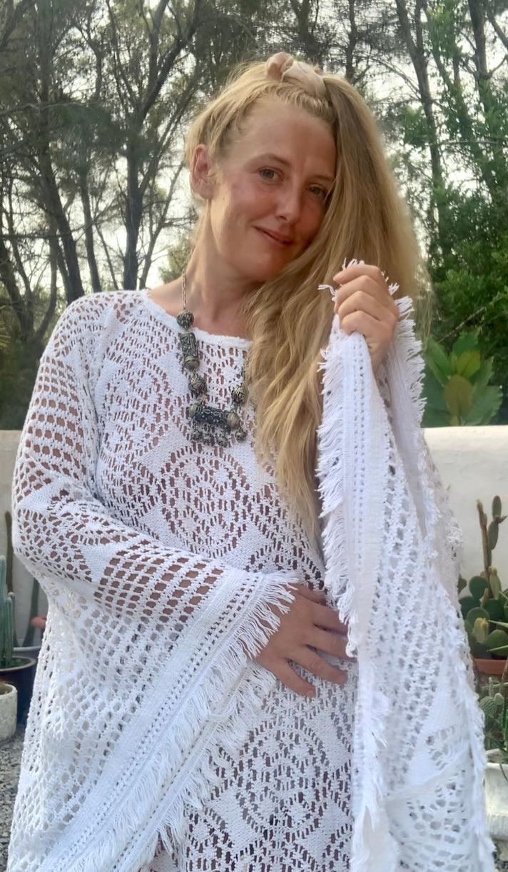 vintage white crochet long maxi dress with wide bell sleeves up-cycled by Vagabond Ibiza