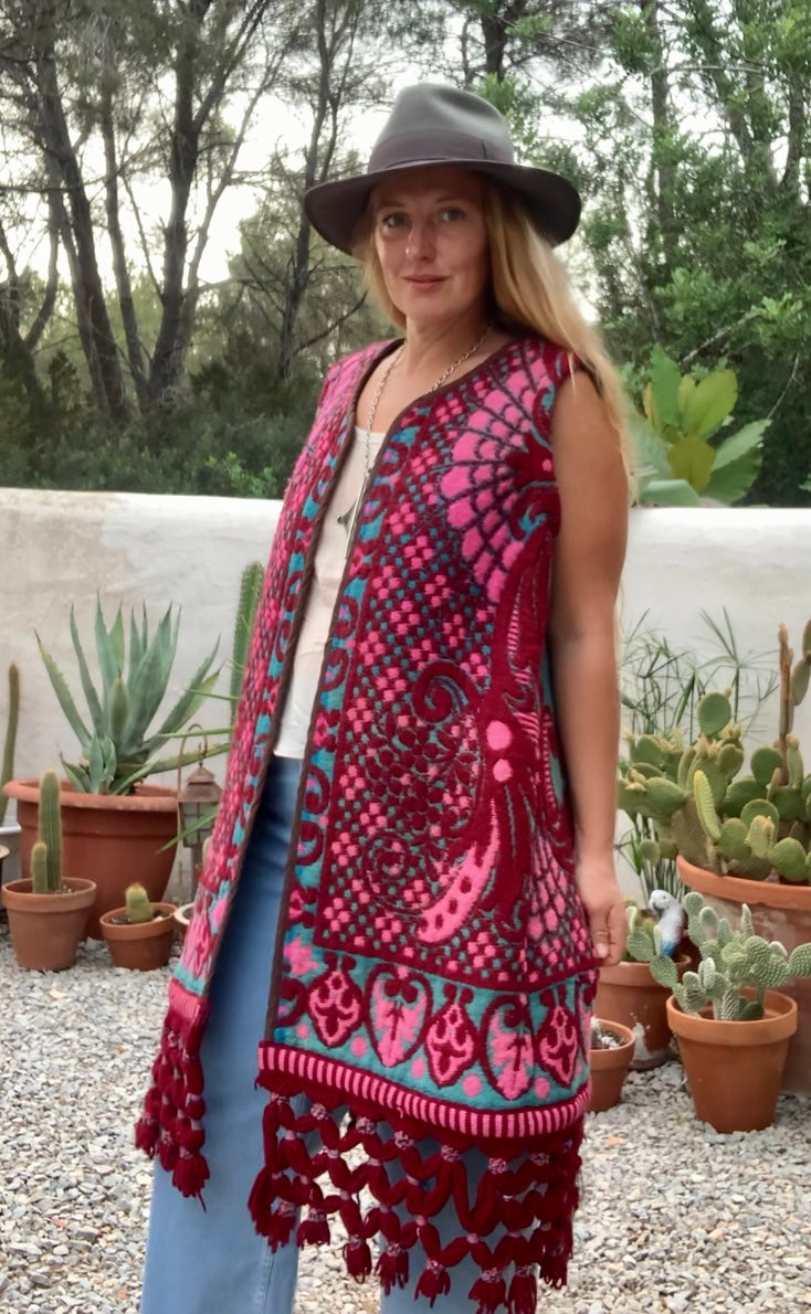 Amazing hand woven English textiles Up-cycled waistcoat jacket made by Vagabond Ibiza with bright pink and blue design and oversized tassels