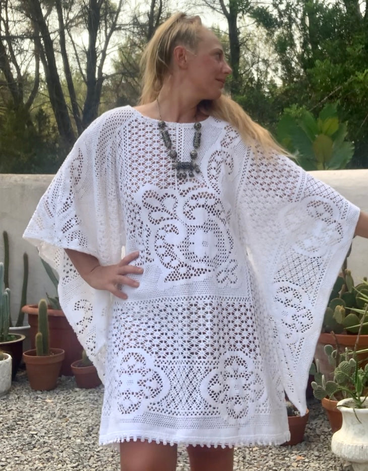 Vintage white handmade crochet lace short bell sleeve dress up-cycled by Vagabond Ibiza