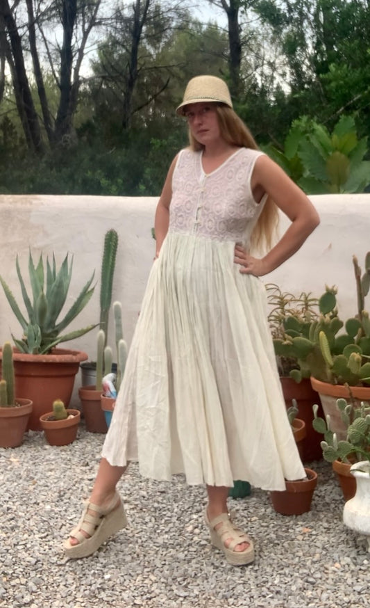 Vintage Indian 1970’s cream fine cotton gauze dress with detailed embroidery on chest paneles with buttons up the front