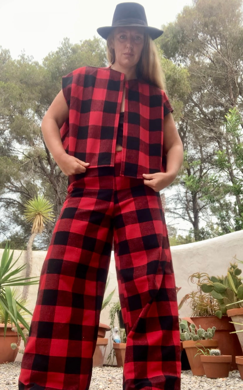 Red and black checked cropped waistcoat jacket made by Vagabond Ibiza from dead stock vintage textiles