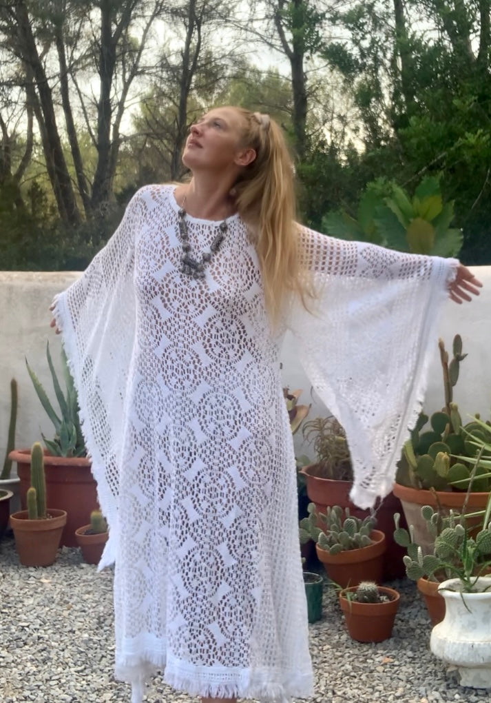 vintage white crochet long maxi dress with wide bell sleeves up-cycled by Vagabond Ibiza