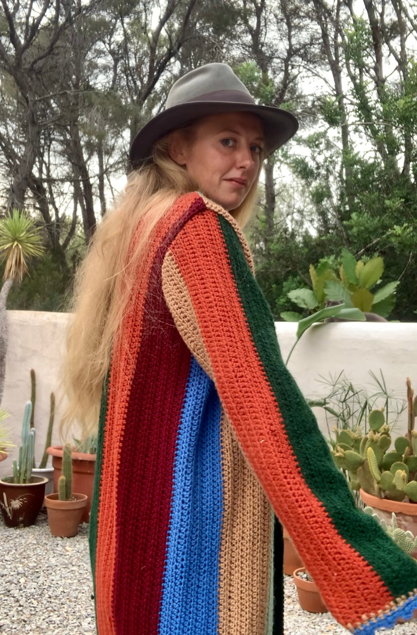 Hand made cotton and wool crochet blanket  jacket Up-cycled by Vagabond Ibiza with earthy brown green and blue striped design.