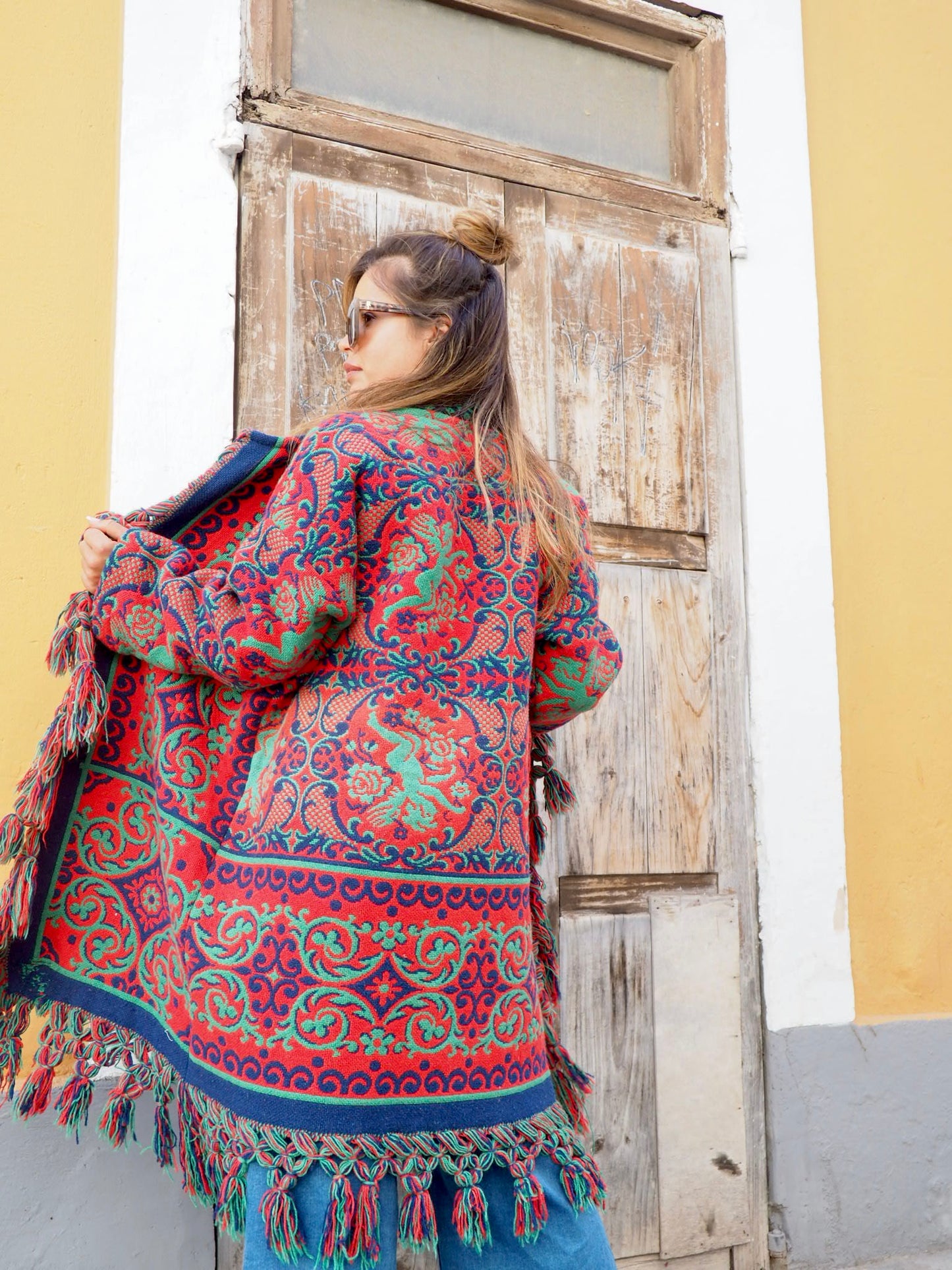 Amazing one off a kind woven tapestry jacket with oversize tassels trimming up-cycled jacket made by Vagabond Ibiza
