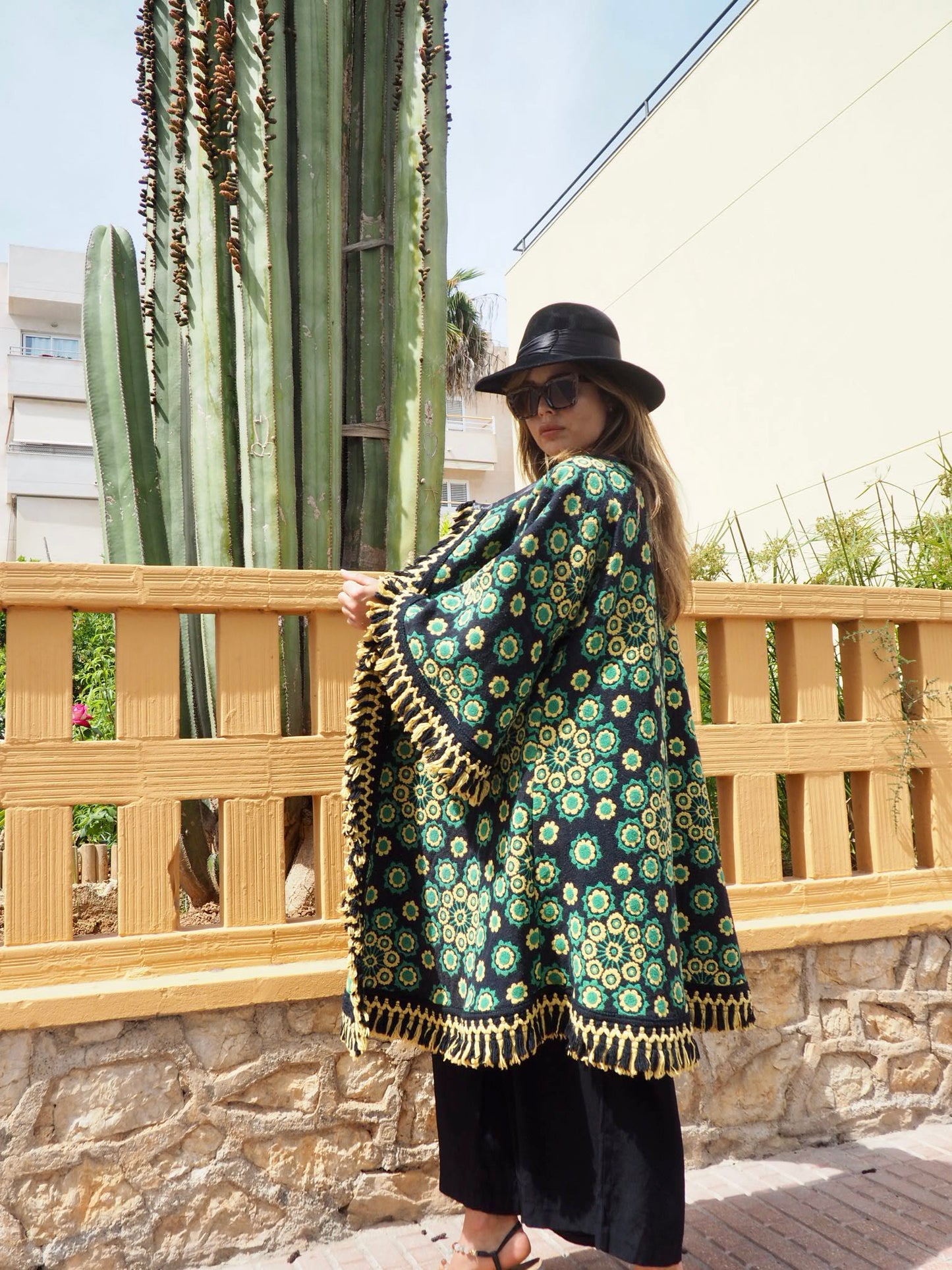 Stunning vintage 1970’s black and green tapestry jacket cut on the bias with bell sleeves made by Vagabond Ibiza