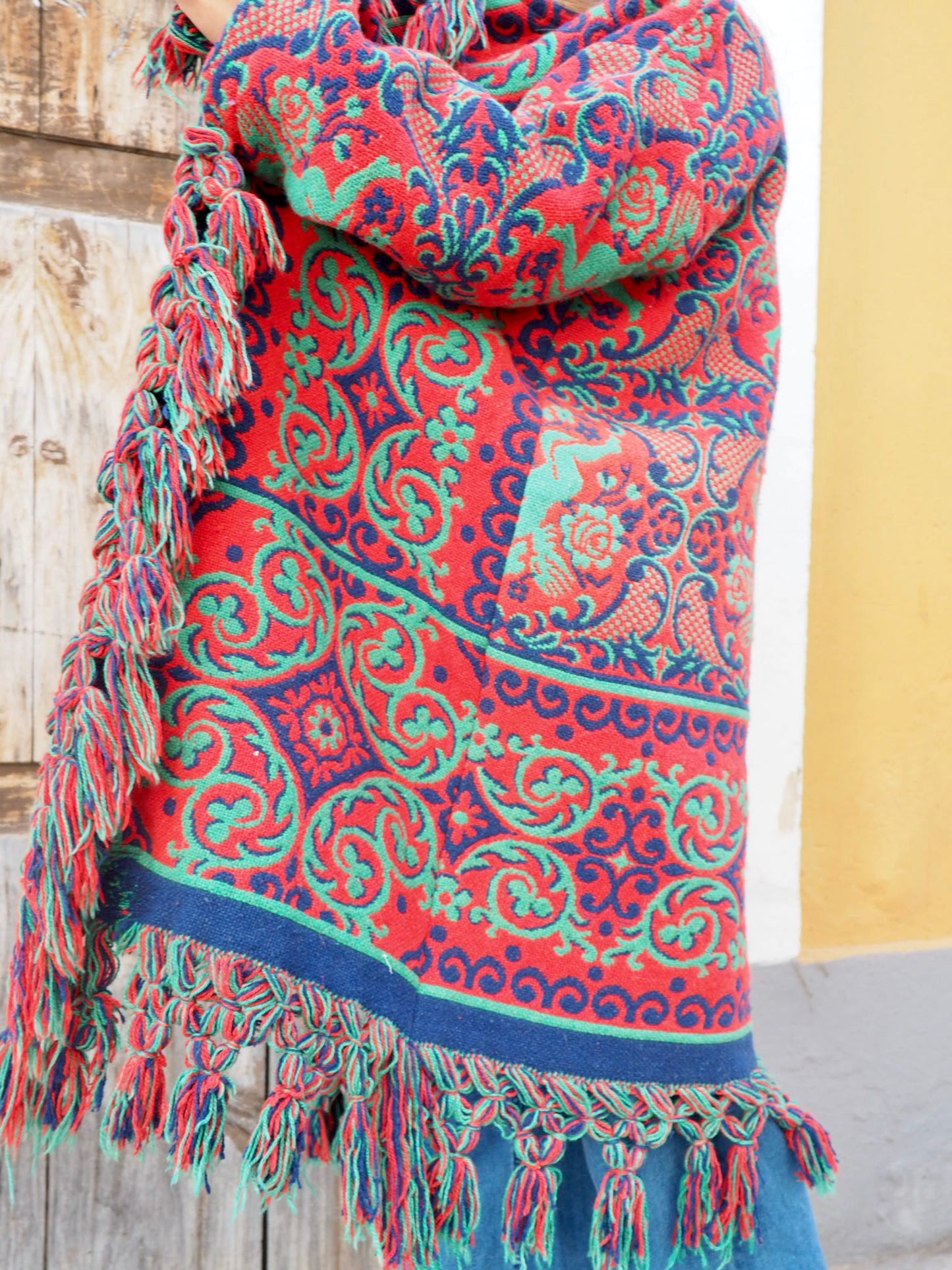 Amazing one off a kind woven tapestry jacket with oversize tassels trimming up-cycled jacket made by Vagabond Ibiza