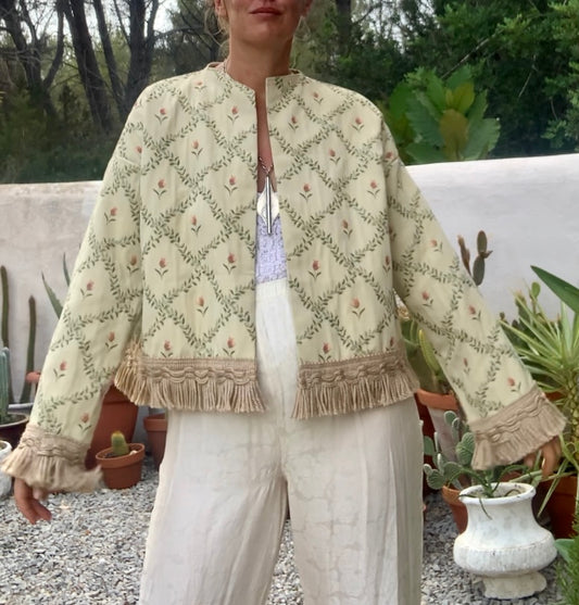 Vintage Up-cycled curtain jacket with floral detail on a woven cream fabric made by Vagabond Ibiza.