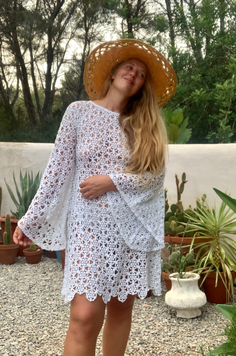 Very cool vintage white crochet oversized bell sleeve dress up-cycled by Vagabond Ibiza