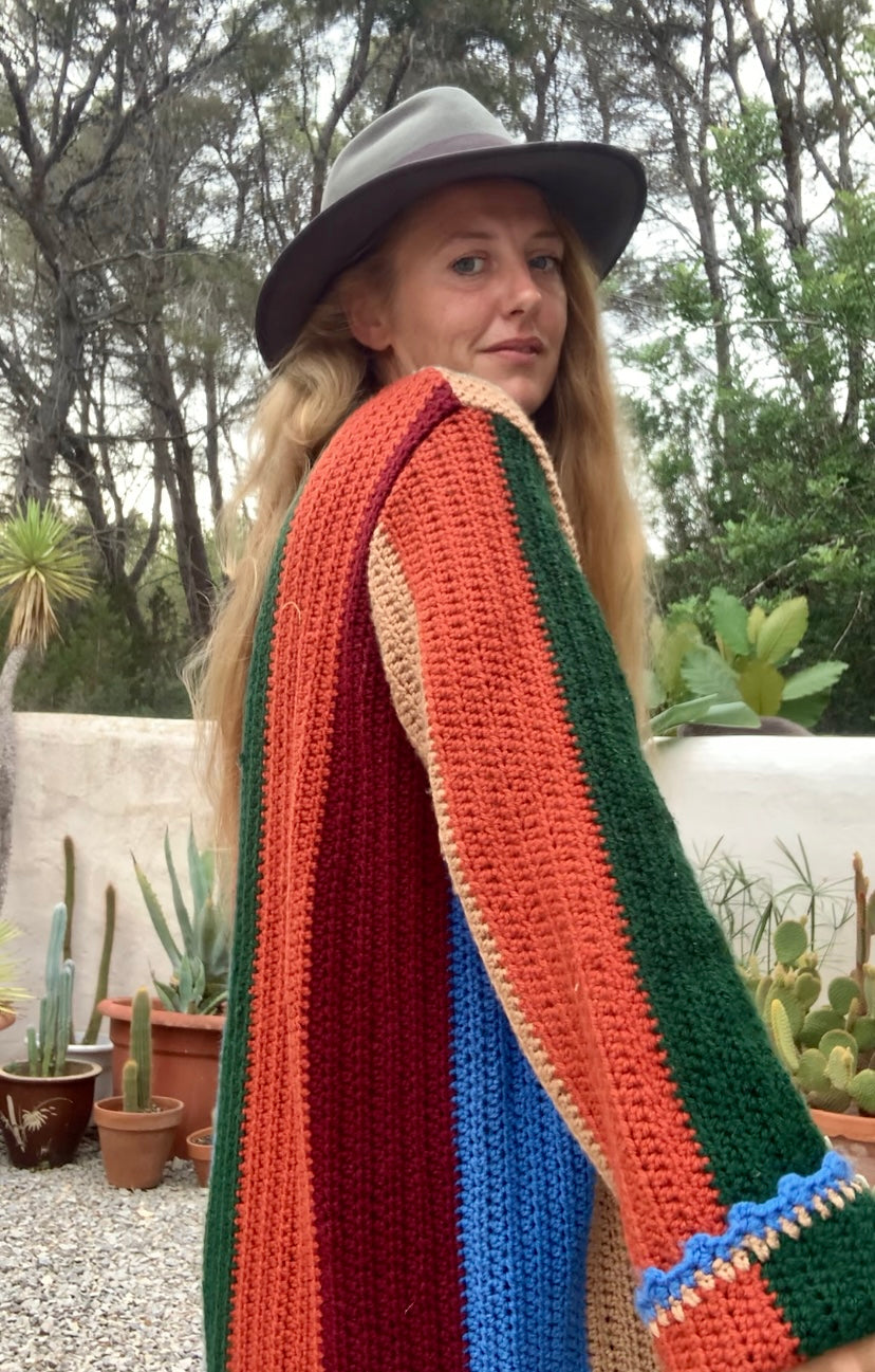 Hand made cotton and wool crochet blanket  jacket Up-cycled by Vagabond Ibiza with earthy brown green and blue striped design.