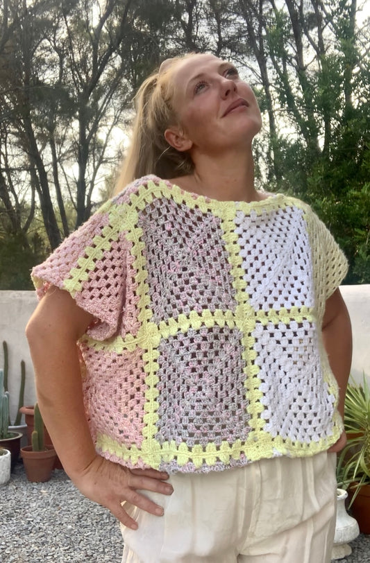 Vintage chunky pastel crochet jumper top up-cycled by Vagabond Ibiza