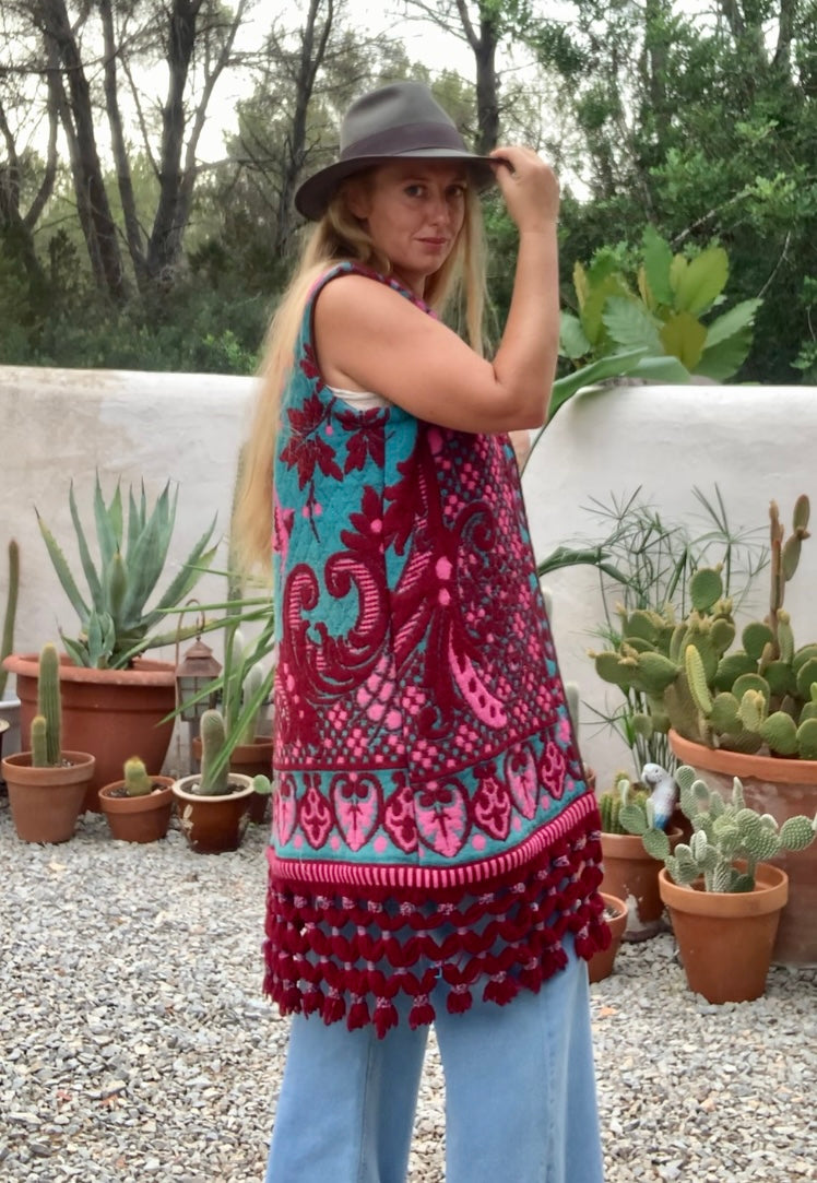 Amazing hand woven English textiles Up-cycled waistcoat jacket made by Vagabond Ibiza with bright pink and blue design and oversized tassels