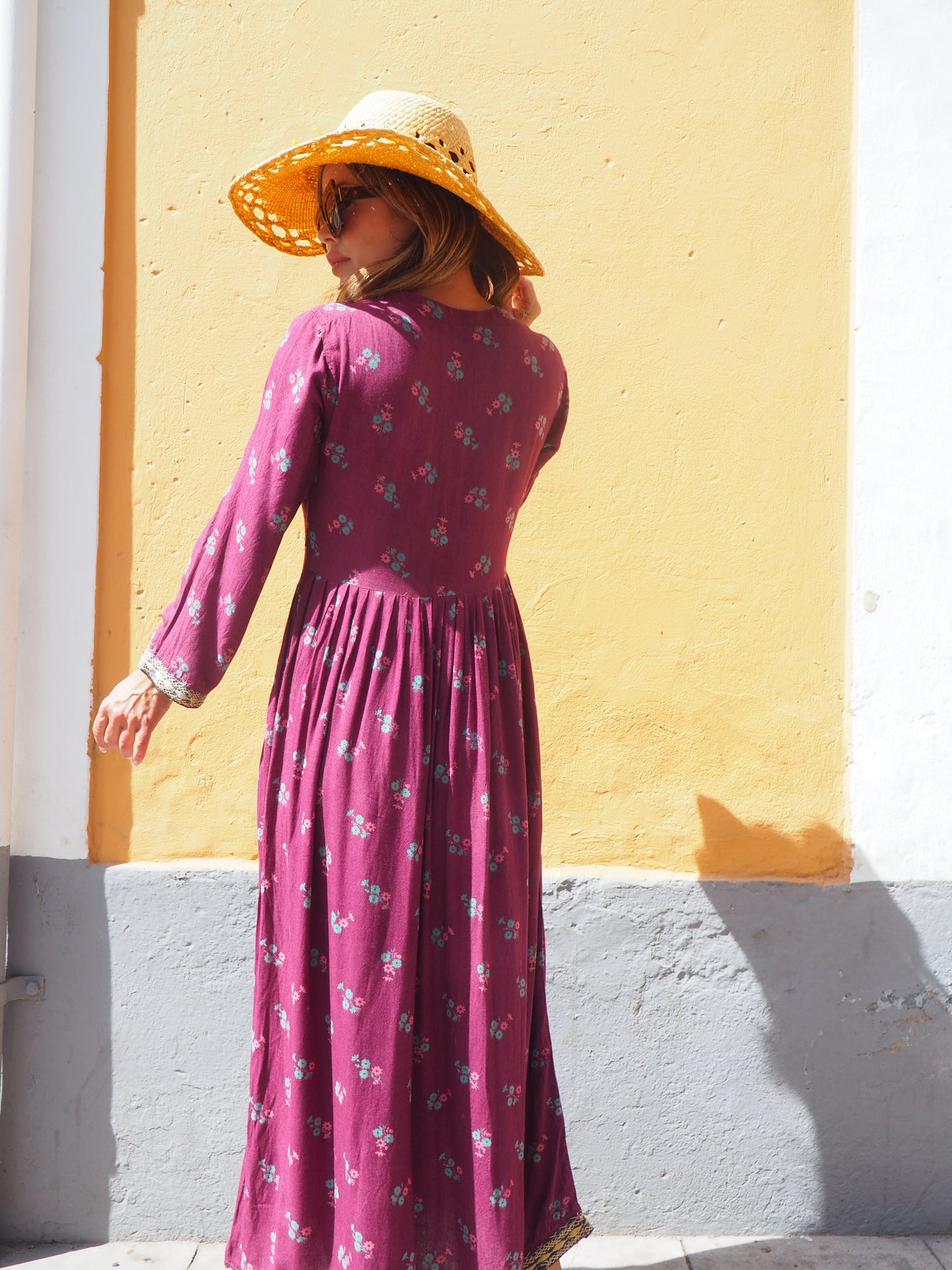 Vintage 1970’s hand embroidered Afghan dress in deep purple with floral print cotton with zip in side sun damage to shoulder