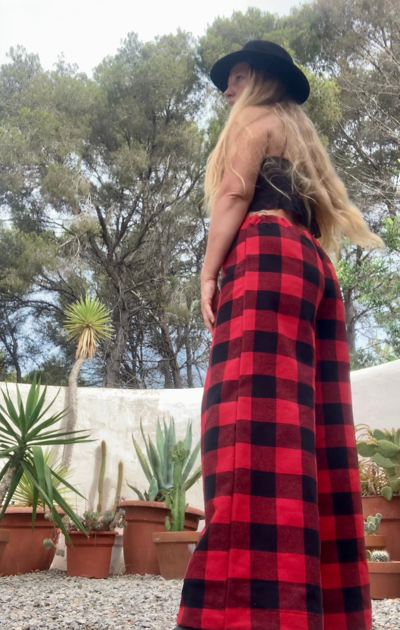 Red and black check vintage dead stock fabric Wide leg pants made by Vagabond Ibiza