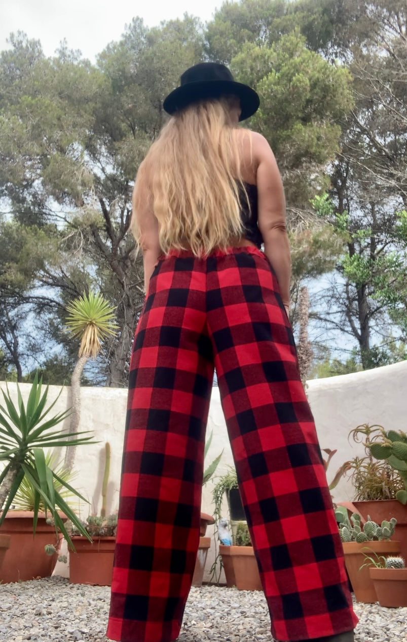 Red and black check vintage dead stock fabric Wide leg pants made by Vagabond Ibiza