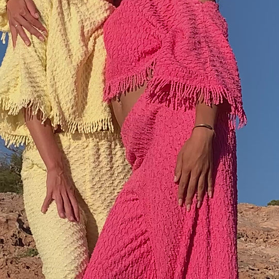 Upcycled bright yellow vintage cotton towel two-piece set with long sleeve top and wide-leg trousers.