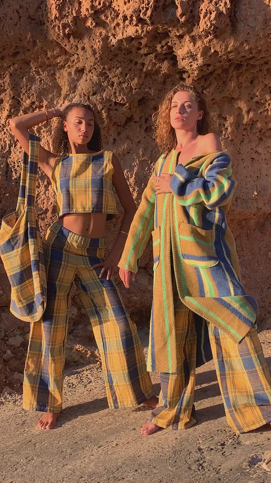 Green and blue striped vintage blanket jacket with fleece texture, handmade and upcycled in Ibiza