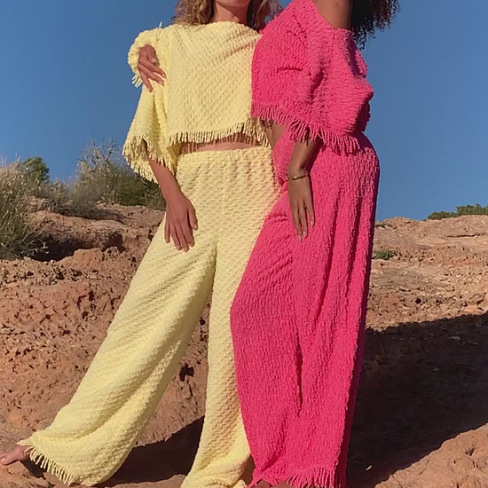 Upcycled bright yellow vintage cotton towel two-piece set with long sleeve top and wide-leg trousers.