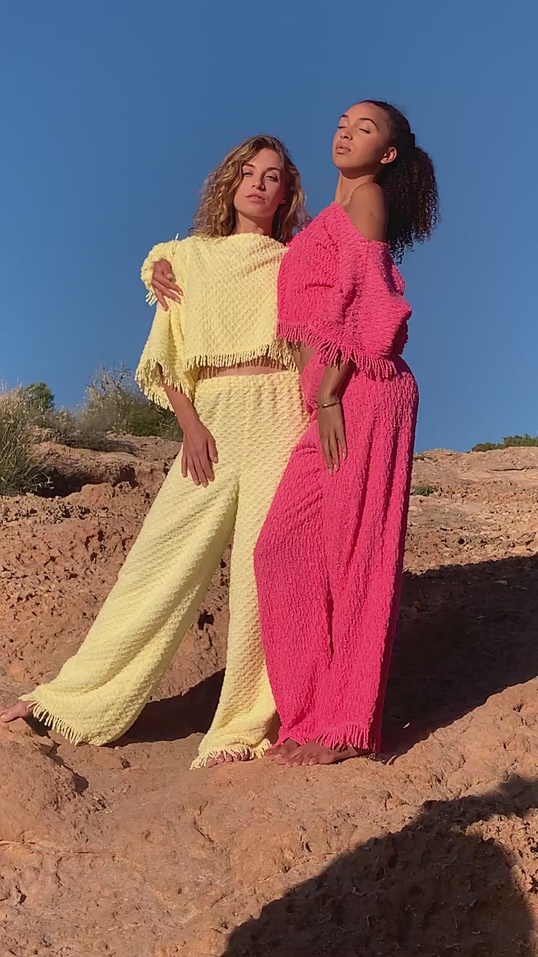 Upcycled bright yellow vintage cotton towel two-piece set with long sleeve top and wide-leg trousers.