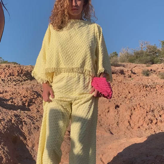 Upcycled bright yellow vintage cotton towel two-piece set with long sleeve top and wide-leg trousers.