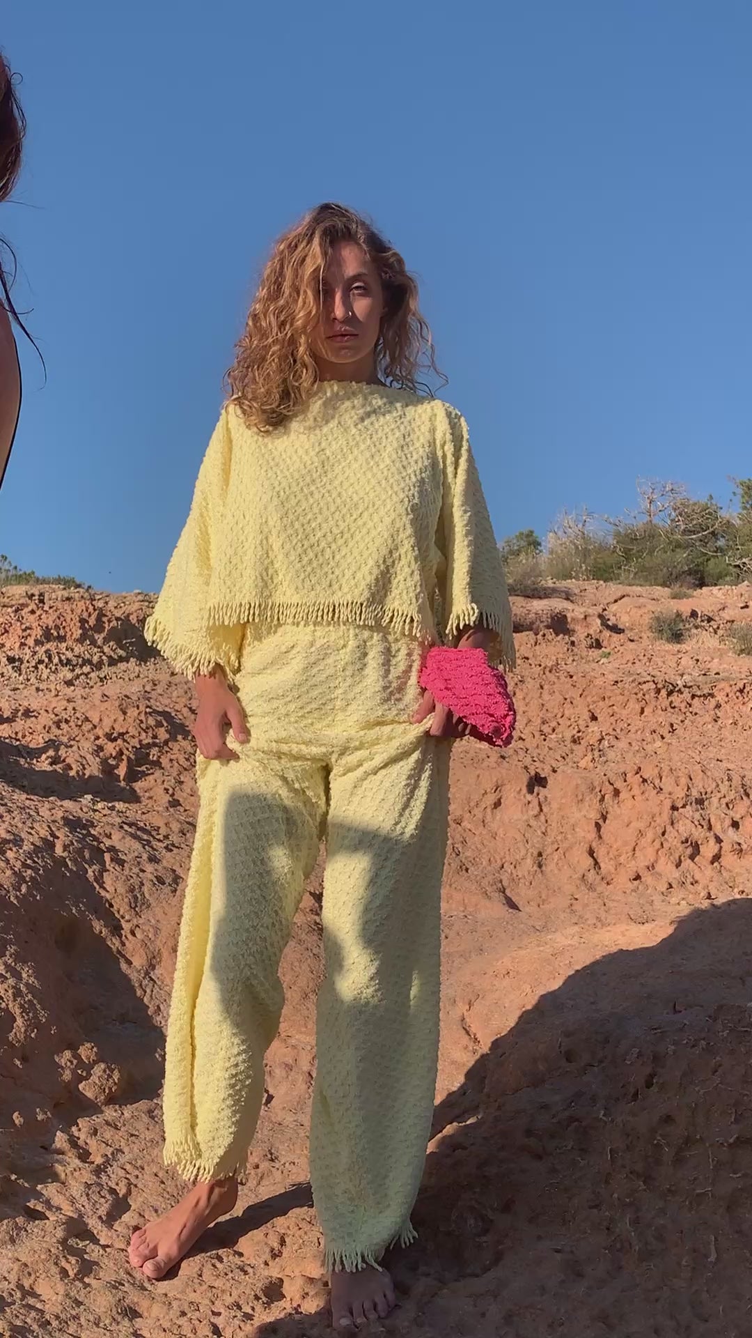 Upcycled bright yellow vintage cotton towel two-piece set with long sleeve top and wide-leg trousers.