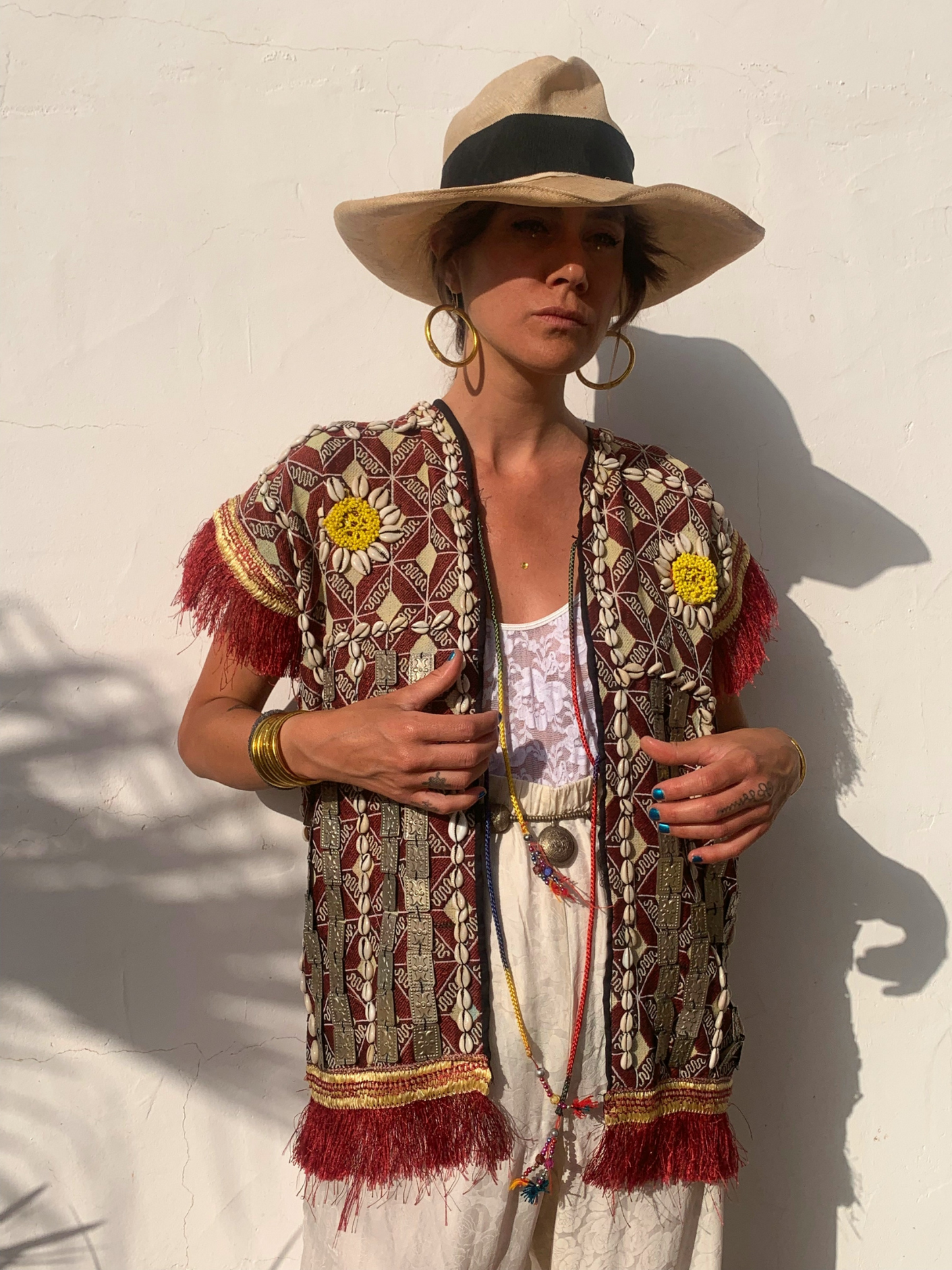 Amazing Embroidered Vintage Uzbekistan waistcoat with shell and metal beaded detail