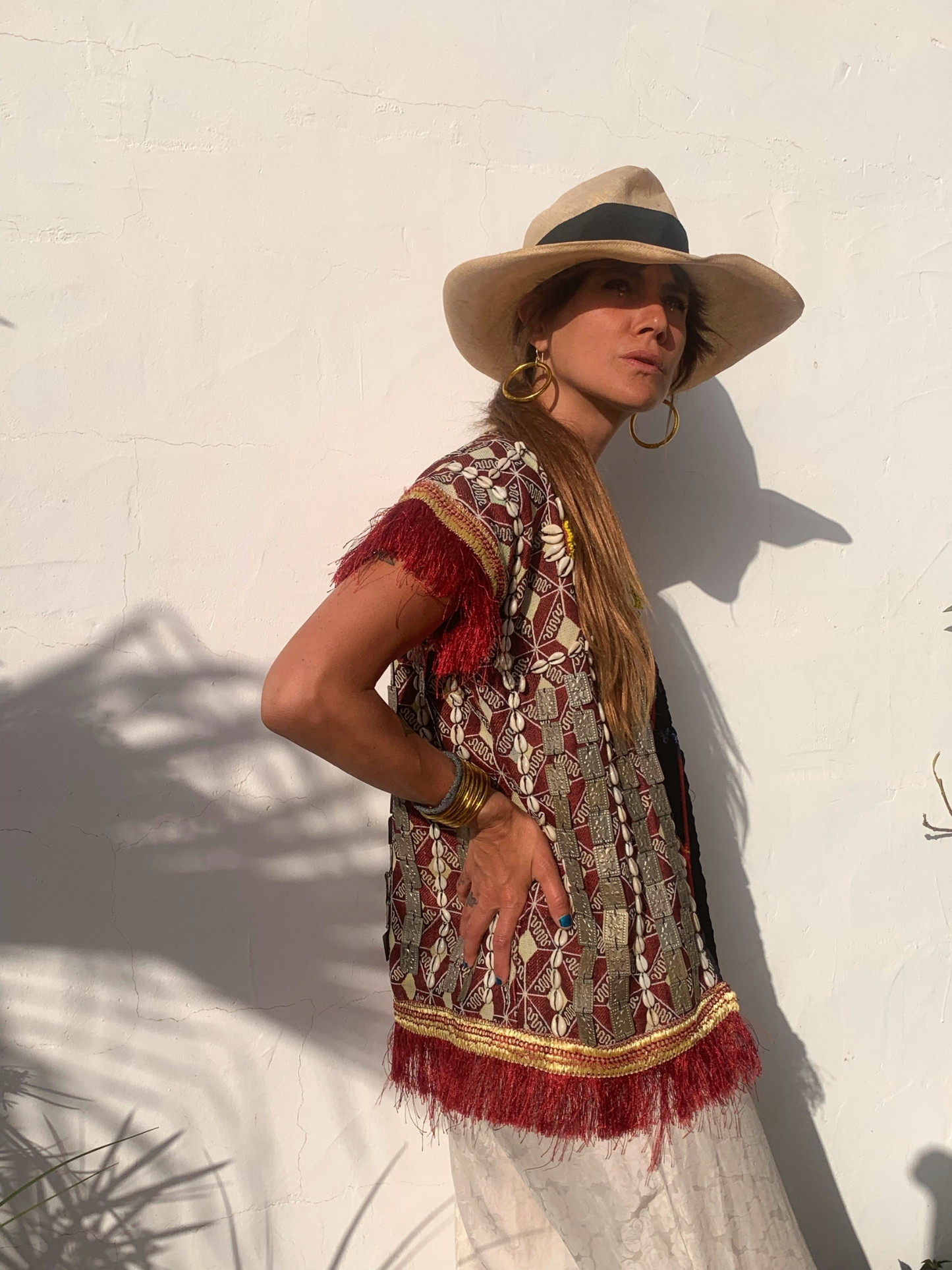 Amazing Embroidered Vintage Uzbekistan waistcoat with shell and metal beaded detail