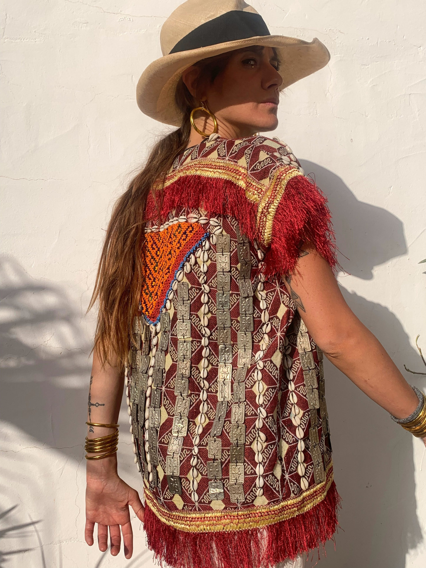Amazing Embroidered Vintage Uzbekistan waistcoat with shell and metal beaded detail