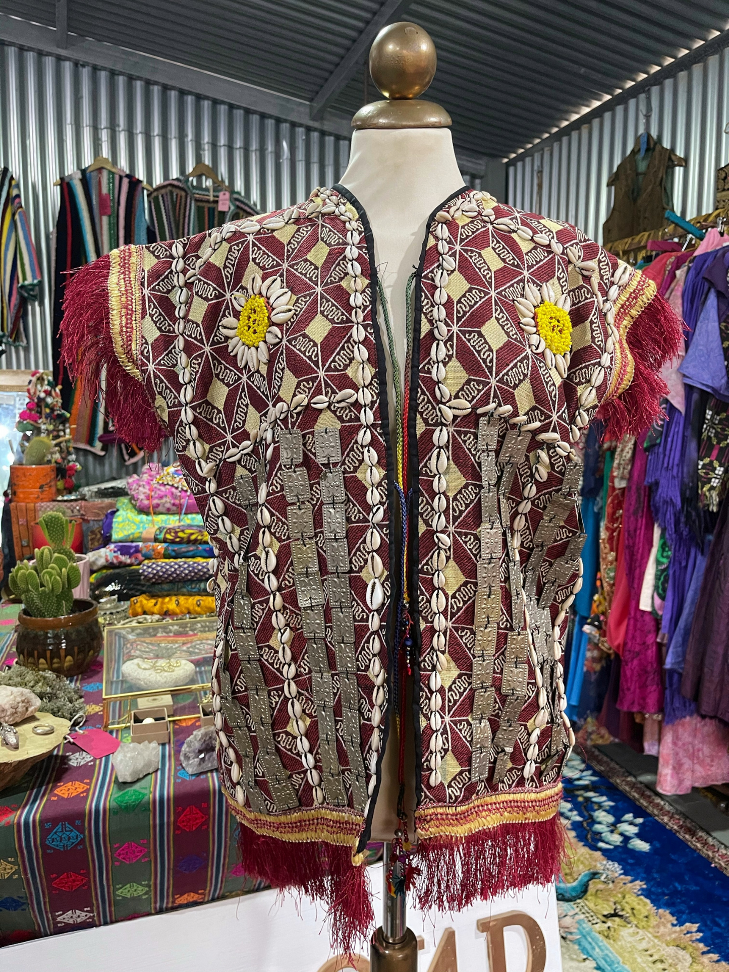 Amazing Embroidered Vintage Uzbekistan waistcoat with shell and metal beaded detail