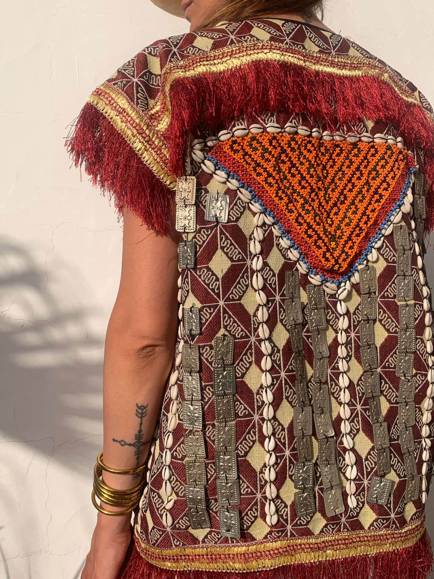 Amazing Embroidered Vintage Uzbekistan waistcoat with shell and metal beaded detail