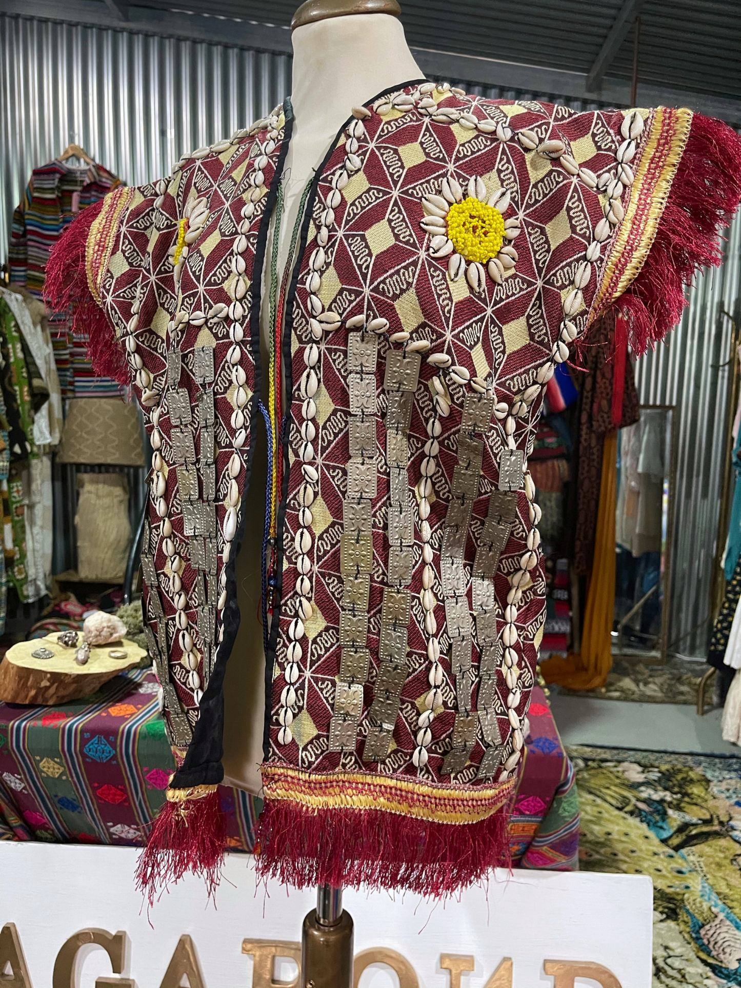 Amazing Embroidered Vintage Uzbekistan waistcoat with shell and metal beaded detail