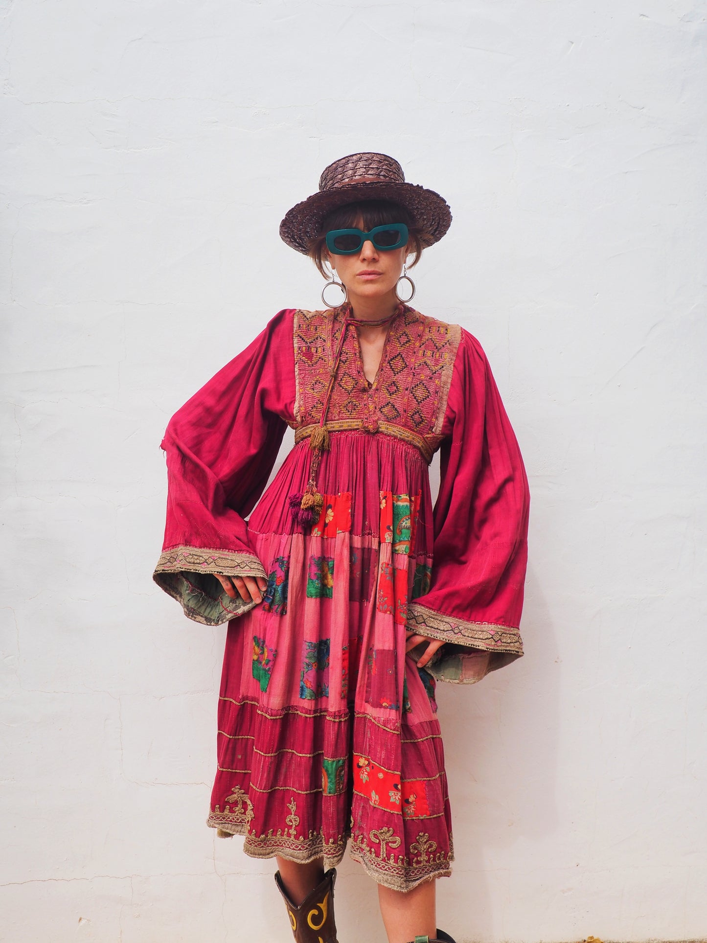 Antique Afghan patchwork embroidered cotton dress | vagabond ibiza