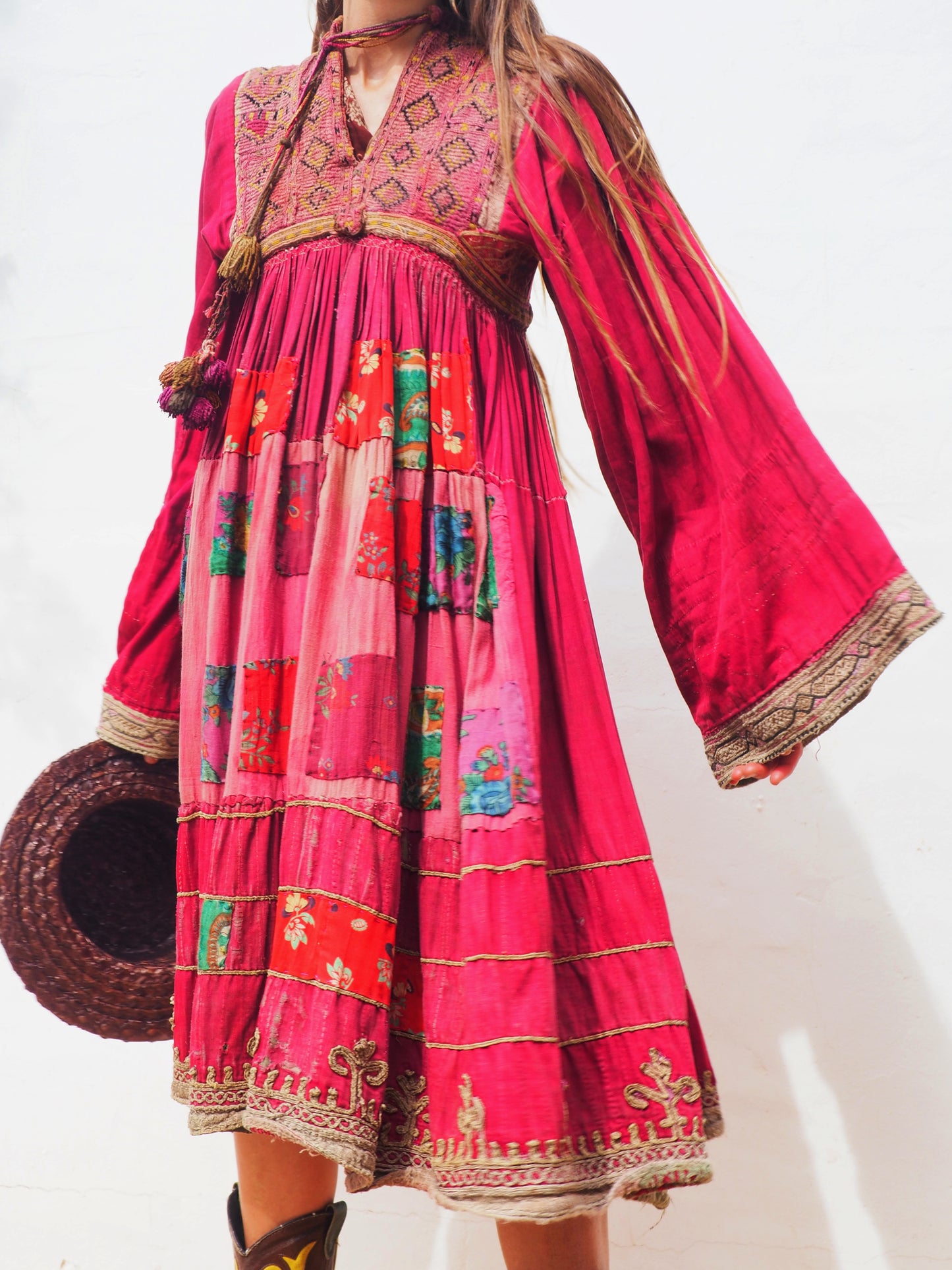 Antique Afghan patchwork embroidered cotton dress | vagabond ibiza