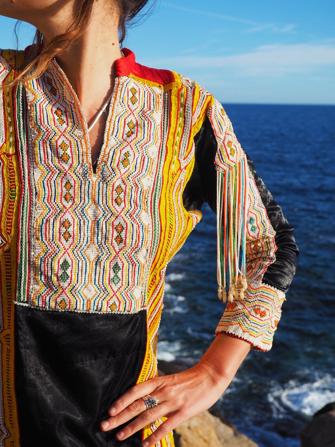 shop vintage online, affordable vintage clothing, vintage clothing store, vintage clothing brand, sustainable clothing brand, sustainable fashion, recycled fashion, slow fashion brand, recycled clothes, 70s vintage, bohemian vintage, affordable slow fashion, hippie boho, ethical fashion brand, embroidered dress, hand stitched, tribal dress, festival dress, African dress, African beadwork, vintage African, yellow vintage dress, yellow maxi dress, black and yellow dress