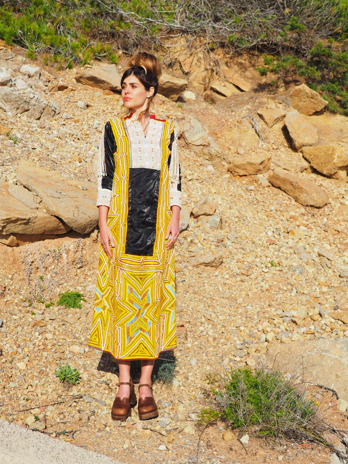 shop vintage online, affordable vintage clothing, vintage clothing store, vintage clothing brand, sustainable clothing brand, sustainable fashion, recycled fashion, slow fashion brand, recycled clothes, 70s vintage, bohemian vintage, affordable slow fashion, hippie boho, ethical fashion brand, embroidered dress, hand stitched, tribal dress, festival dress, African dress, African beadwork, vintage African, yellow vintage dress, yellow maxi dress, black and yellow dress