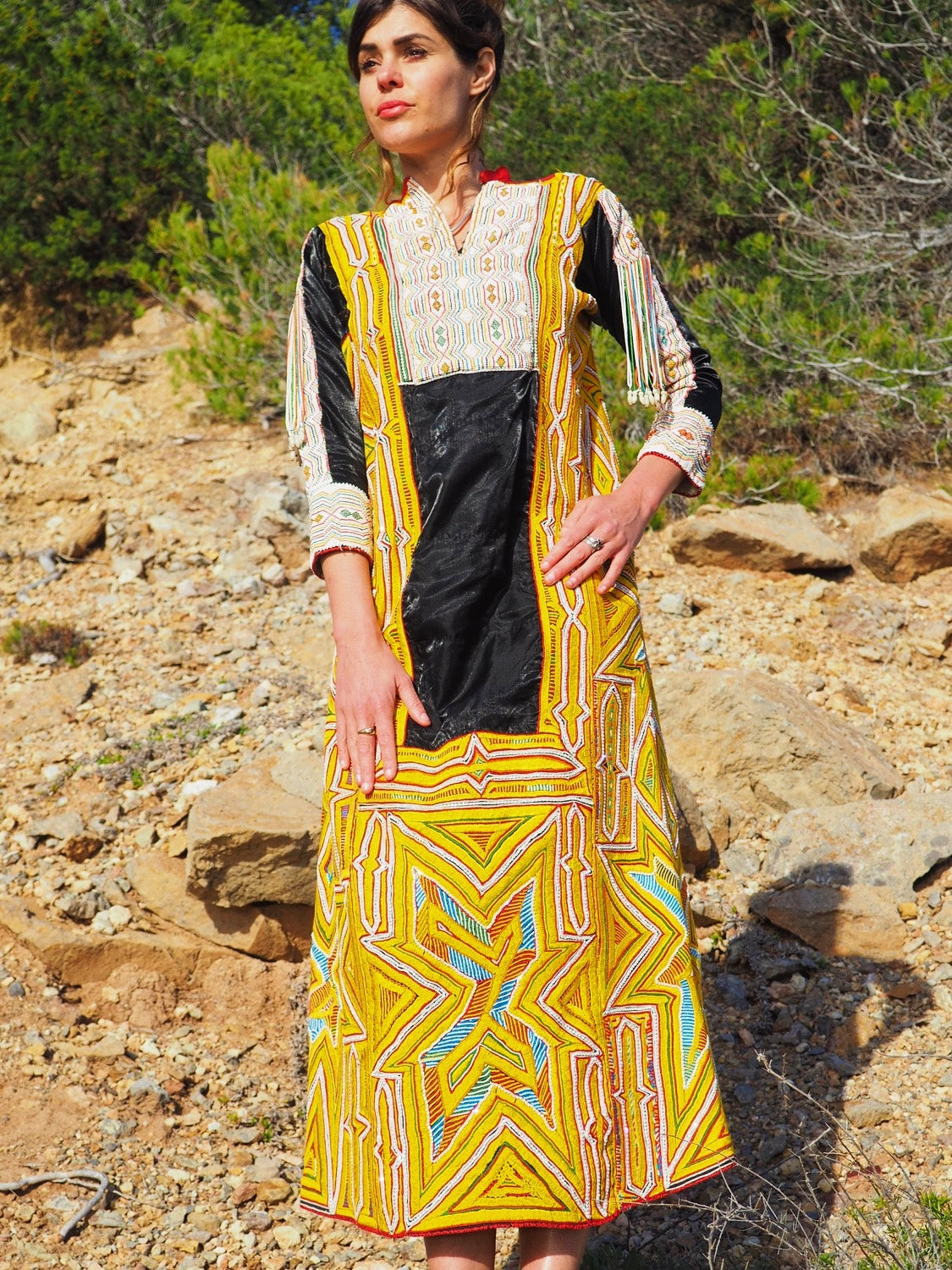 shop vintage online, affordable vintage clothing, vintage clothing store, vintage clothing brand, sustainable clothing brand, sustainable fashion, recycled fashion, slow fashion brand, recycled clothes, 70s vintage, bohemian vintage, affordable slow fashion, hippie boho, ethical fashion brand, embroidered dress, hand stitched, tribal dress, festival dress, African dress, African beadwork, vintage African, yellow vintage dress, yellow maxi dress, black and yellow dress