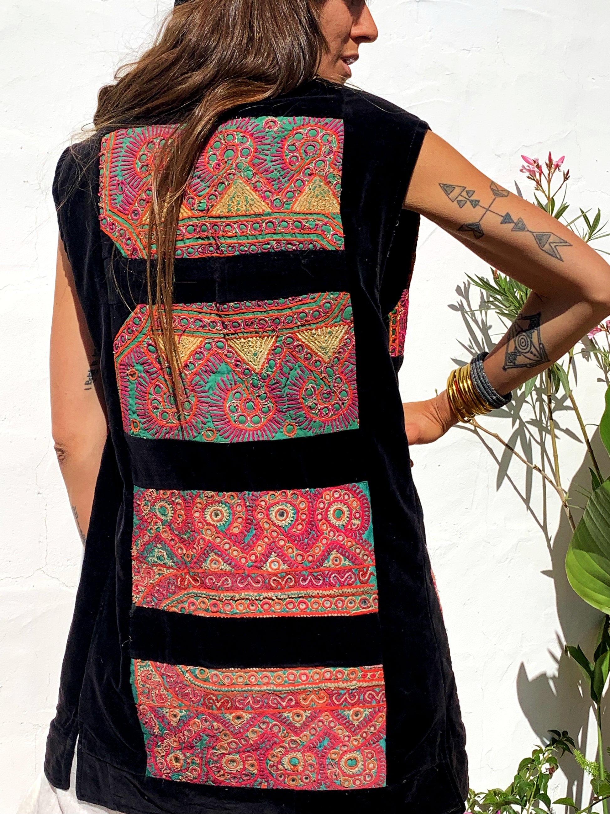 shop vintage online, affordable vintage clothing, vintage clothing store, vintage clothing brand, sustainable clothing brand, sustainable fashion, recycled fashion, slow fashion brand, recycled clothes, 70s vintage, bohemian vintage, affordable slow fashion, hippie boho, ethical fashion brand, embroidered, hand stitched, tribal waistcoat, festival fashion, Afghan waistcoat, Indian embroidery, vintage Indian , velvet waistcoat, black waistcoat 