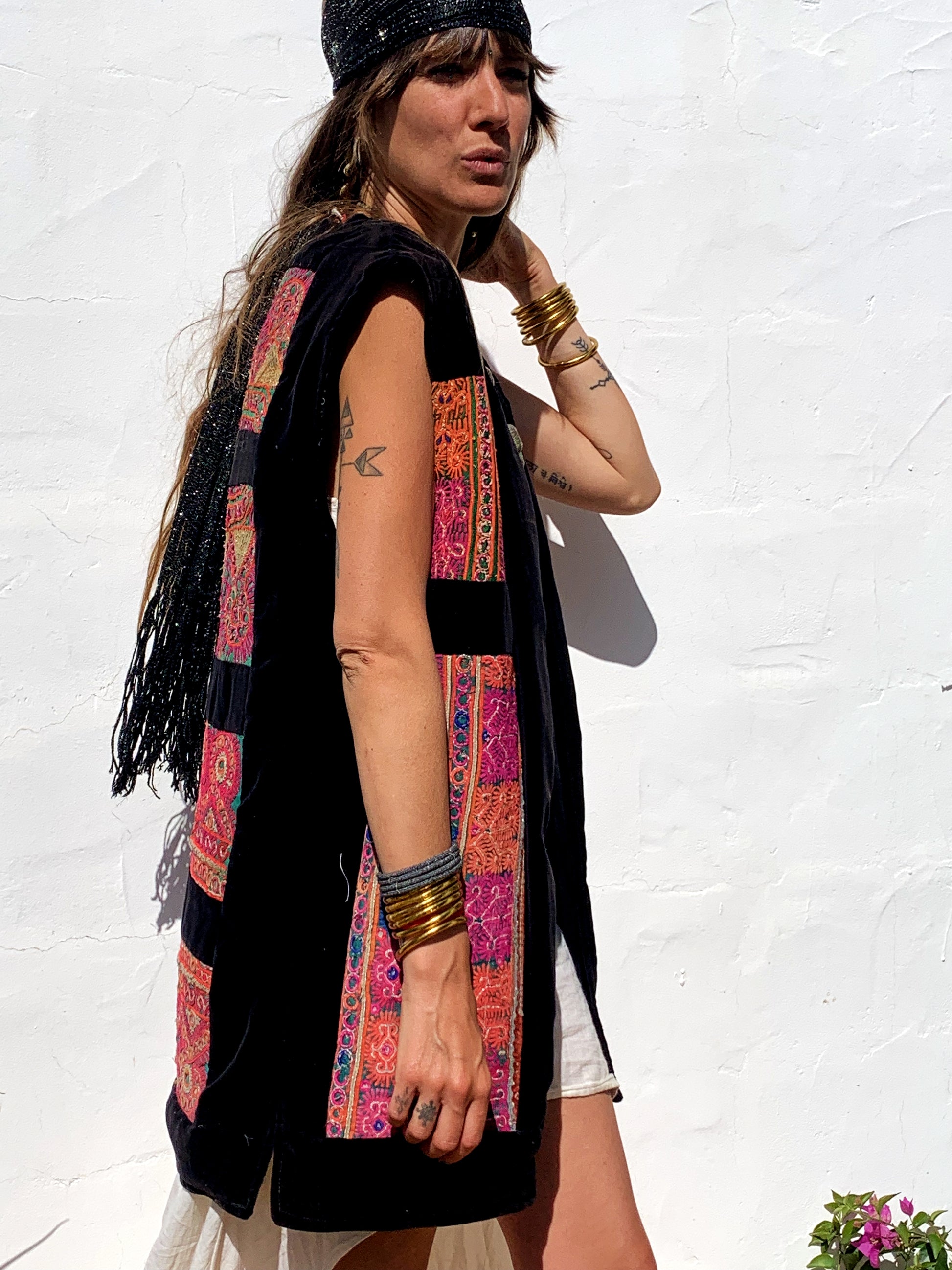 shop vintage online, affordable vintage clothing, vintage clothing store, vintage clothing brand, sustainable clothing brand, sustainable fashion, recycled fashion, slow fashion brand, recycled clothes, 70s vintage, bohemian vintage, affordable slow fashion, hippie boho, ethical fashion brand, embroidered, hand stitched, tribal waistcoat, festival fashion, Afghan waistcoat, Indian embroidery, vintage Indian , velvet waistcoat, black waistcoat 