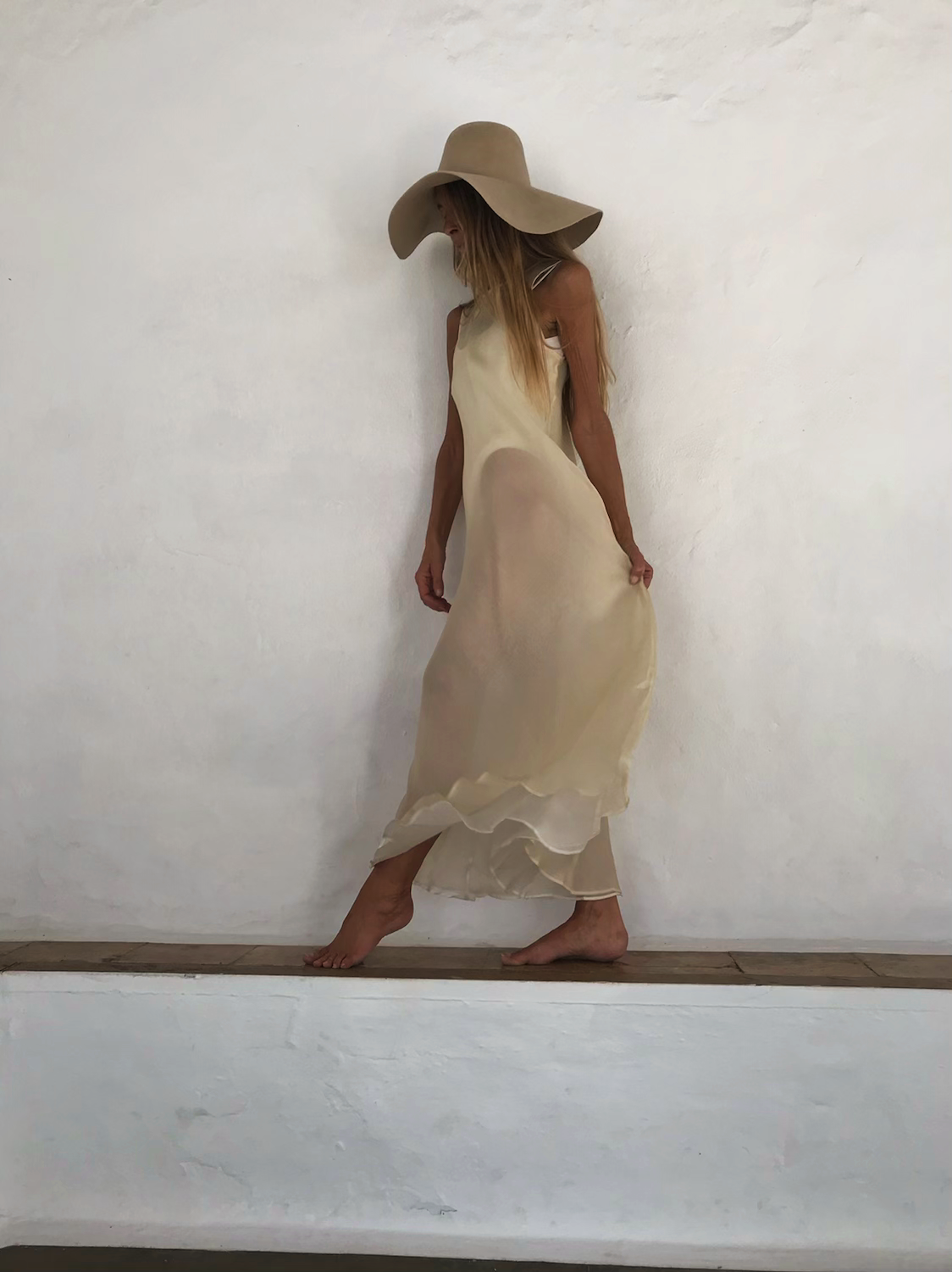 ORIGINAL VINTAGE CREAM SHEER WEDDING DRESS WITH LAYERING DETAIL AND HIGH KECK