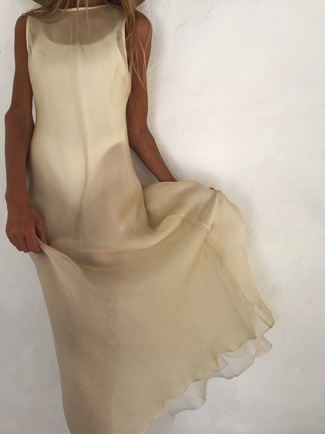ORIGINAL VINTAGE CREAM SHEER WEDDING DRESS WITH LAYERING DETAIL AND HIGH KECK