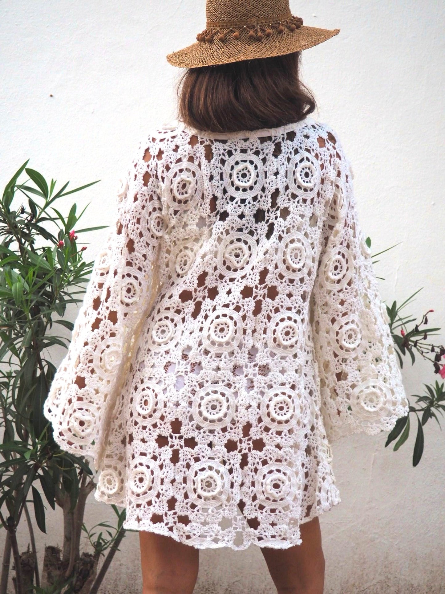 Off white 1960’s hand made crochet lace dress with bell sleeves