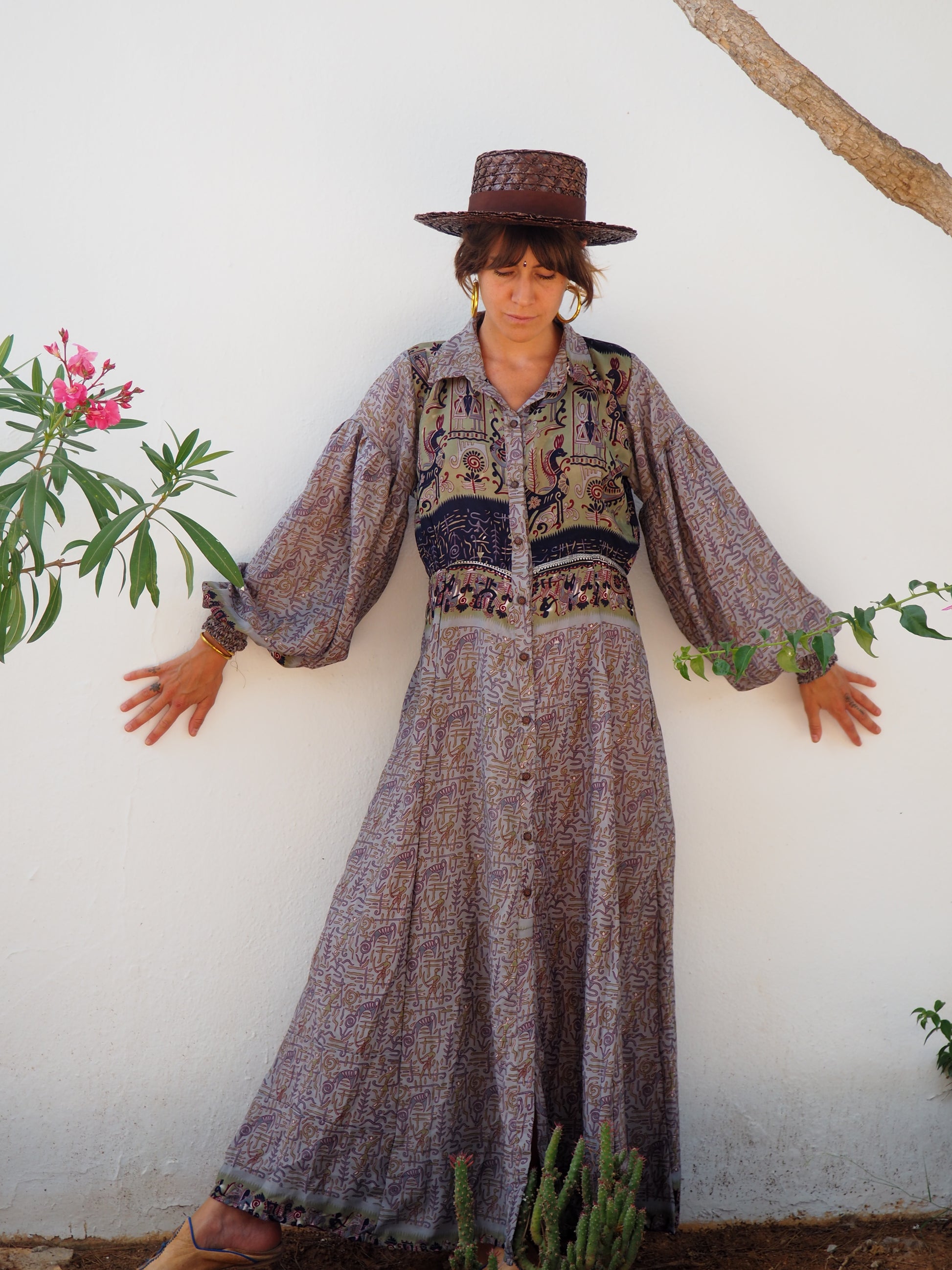 vintage textiles, sari kimono, sari dress, up cycled Indian, bohemian dress, bohemian kimono, kaftan, recycled sari, recycled dress, vintage dress, vintage kimono, slow fashion brand, sustainable fashion brand, up-cycled fashion brand, vintage shop, boho vintage, boho dress, vintage ibiza, recycled fashion brand, floral dress, ethical fashion, up-cycled dress, shop vintage dresses, long sleeve maxi dress, boho maxi dress, puff sleeve maxi dress, oversized sleeves