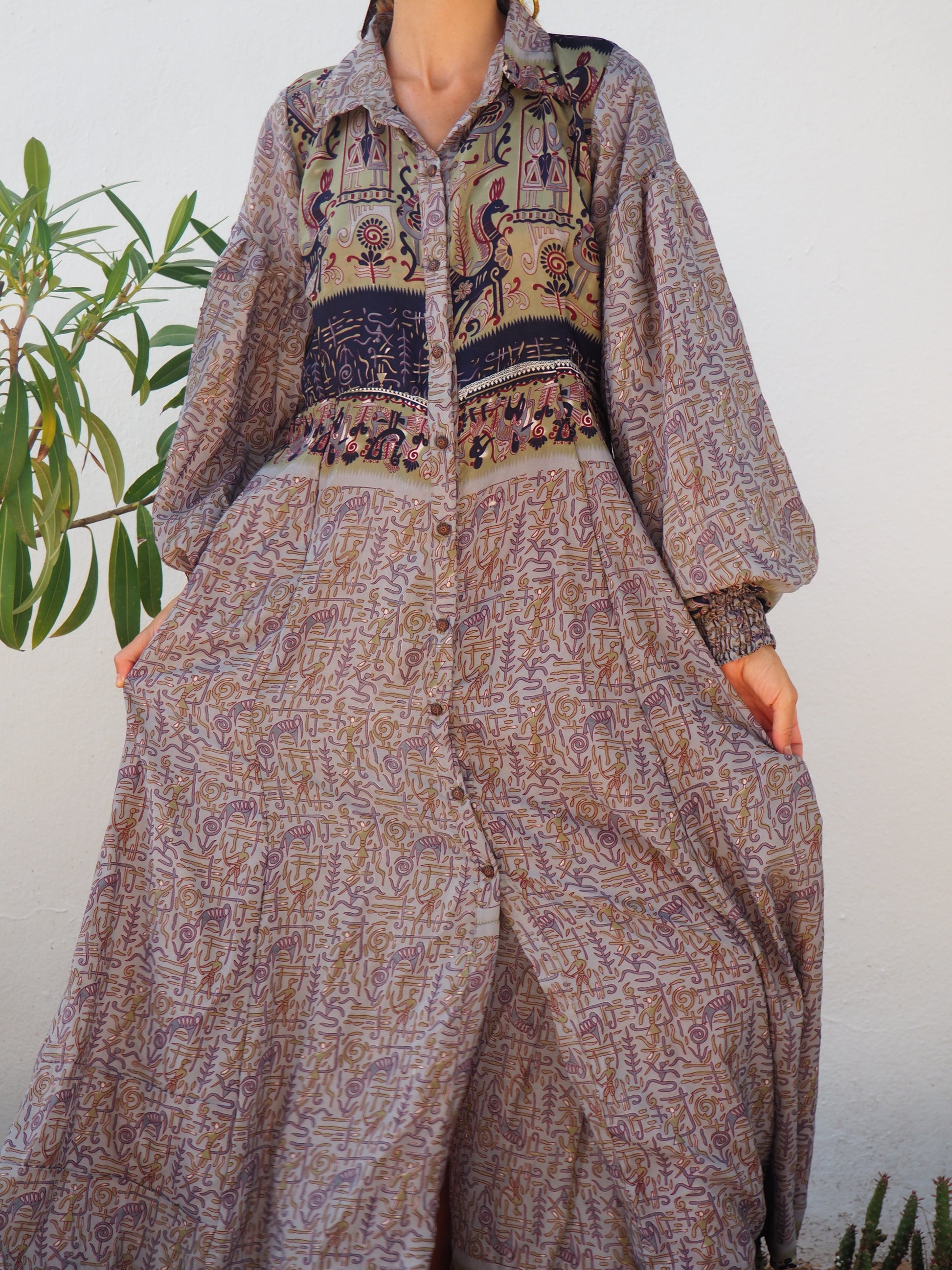 vintage textiles, sari kimono, sari dress, up cycled Indian, bohemian dress, bohemian kimono, kaftan, recycled sari, recycled dress, vintage dress, vintage kimono, slow fashion brand, sustainable fashion brand, up-cycled fashion brand, vintage shop, boho vintage, boho dress, vintage ibiza, recycled fashion brand, floral dress, ethical fashion, up-cycled dress, shop vintage dresses, long sleeve maxi dress, boho maxi dress, puff sleeve maxi dress, oversized sleeves
