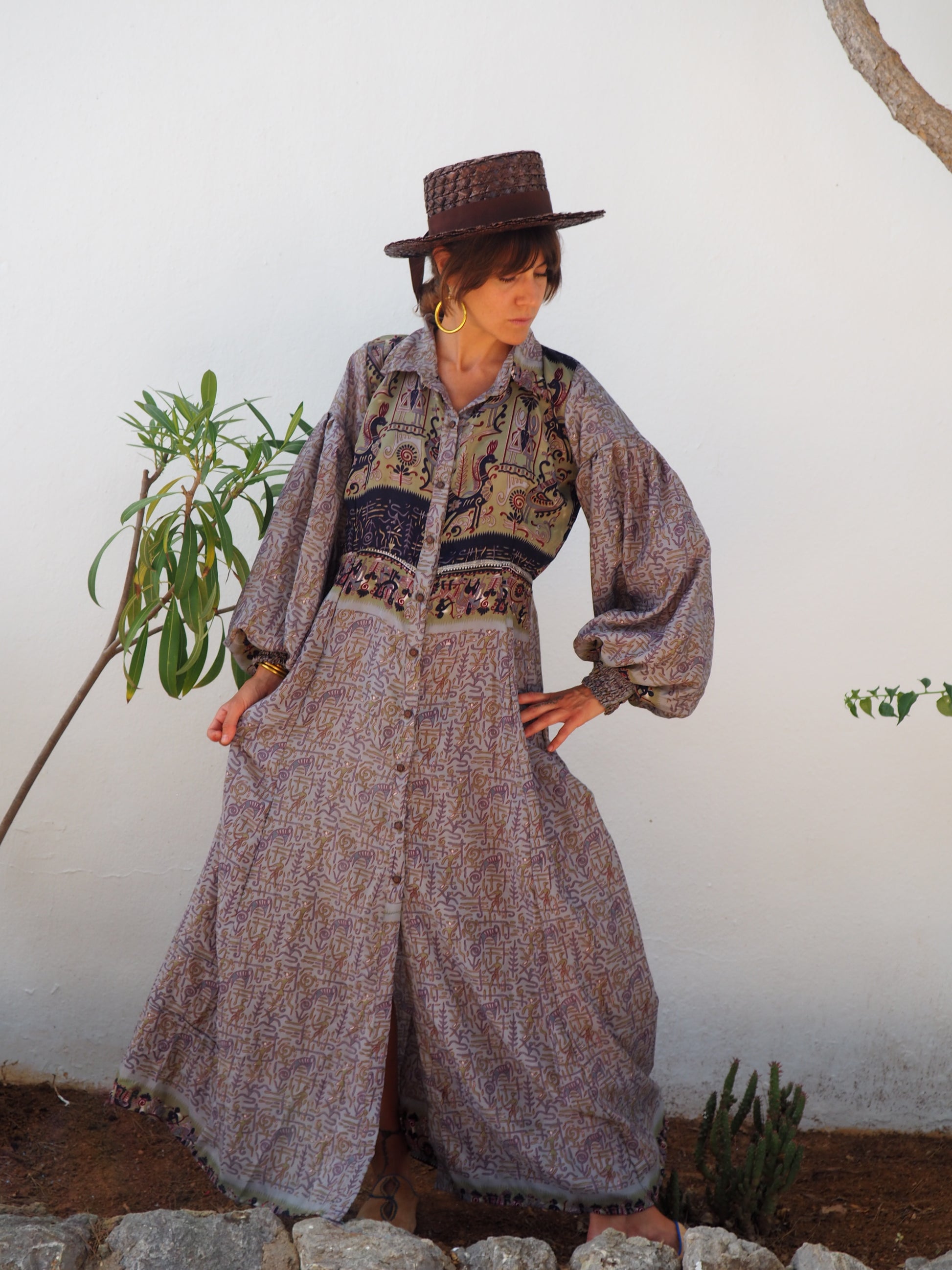 vintage textiles, sari kimono, sari dress, up cycled Indian, bohemian dress, bohemian kimono, kaftan, recycled sari, recycled dress, vintage dress, vintage kimono, slow fashion brand, sustainable fashion brand, up-cycled fashion brand, vintage shop, boho vintage, boho dress, vintage ibiza, recycled fashion brand, floral dress, ethical fashion, up-cycled dress, shop vintage dresses, long sleeve maxi dress, boho maxi dress, puff sleeve maxi dress, oversized sleeves
