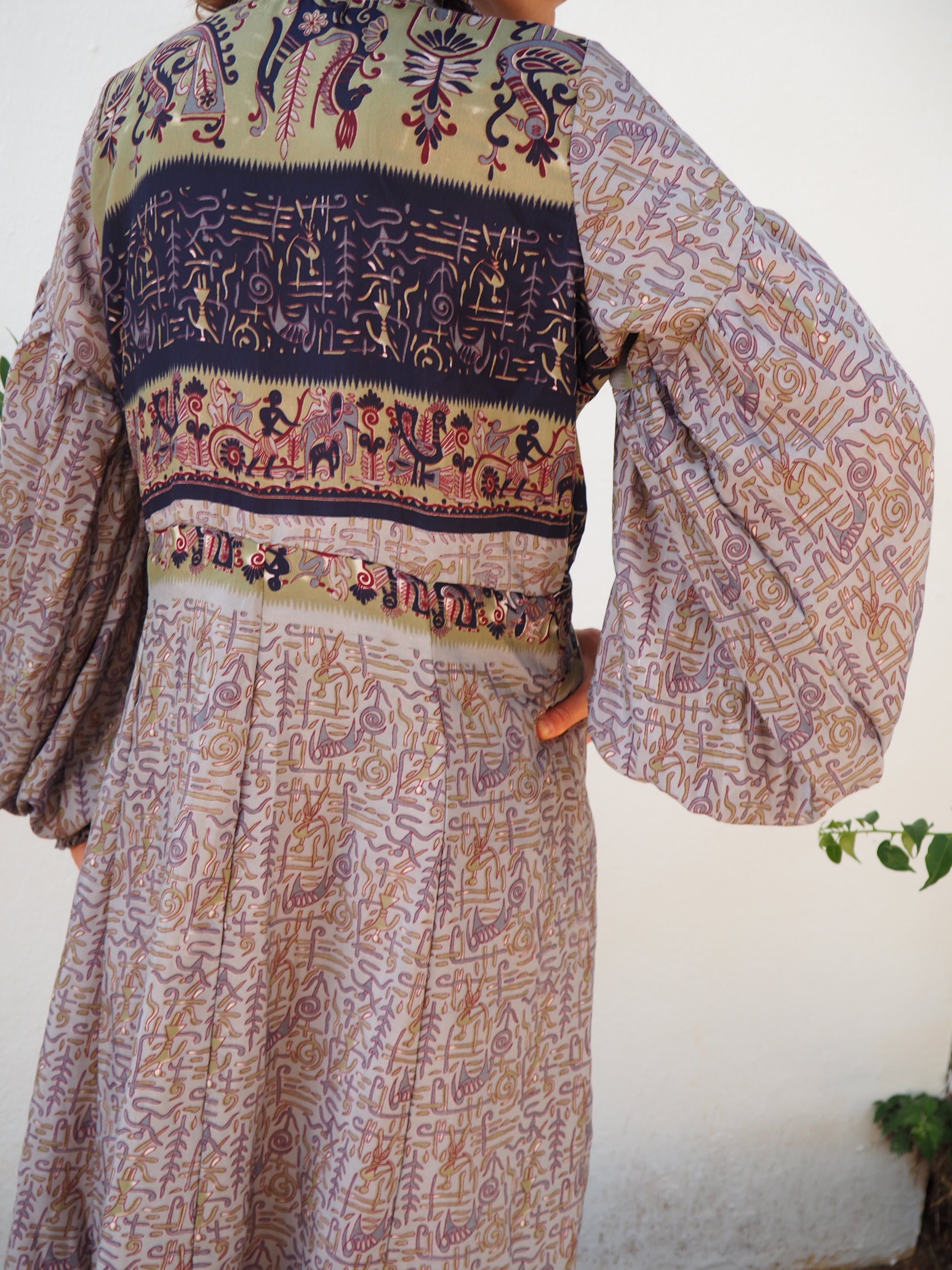 vintage textiles, sari kimono, sari dress, up cycled Indian, bohemian dress, bohemian kimono, kaftan, recycled sari, recycled dress, vintage dress, vintage kimono, slow fashion brand, sustainable fashion brand, up-cycled fashion brand, vintage shop, boho vintage, boho dress, vintage ibiza, recycled fashion brand, floral dress, ethical fashion, up-cycled dress, shop vintage dresses, long sleeve maxi dress, boho maxi dress, puff sleeve maxi dress, oversized sleeves