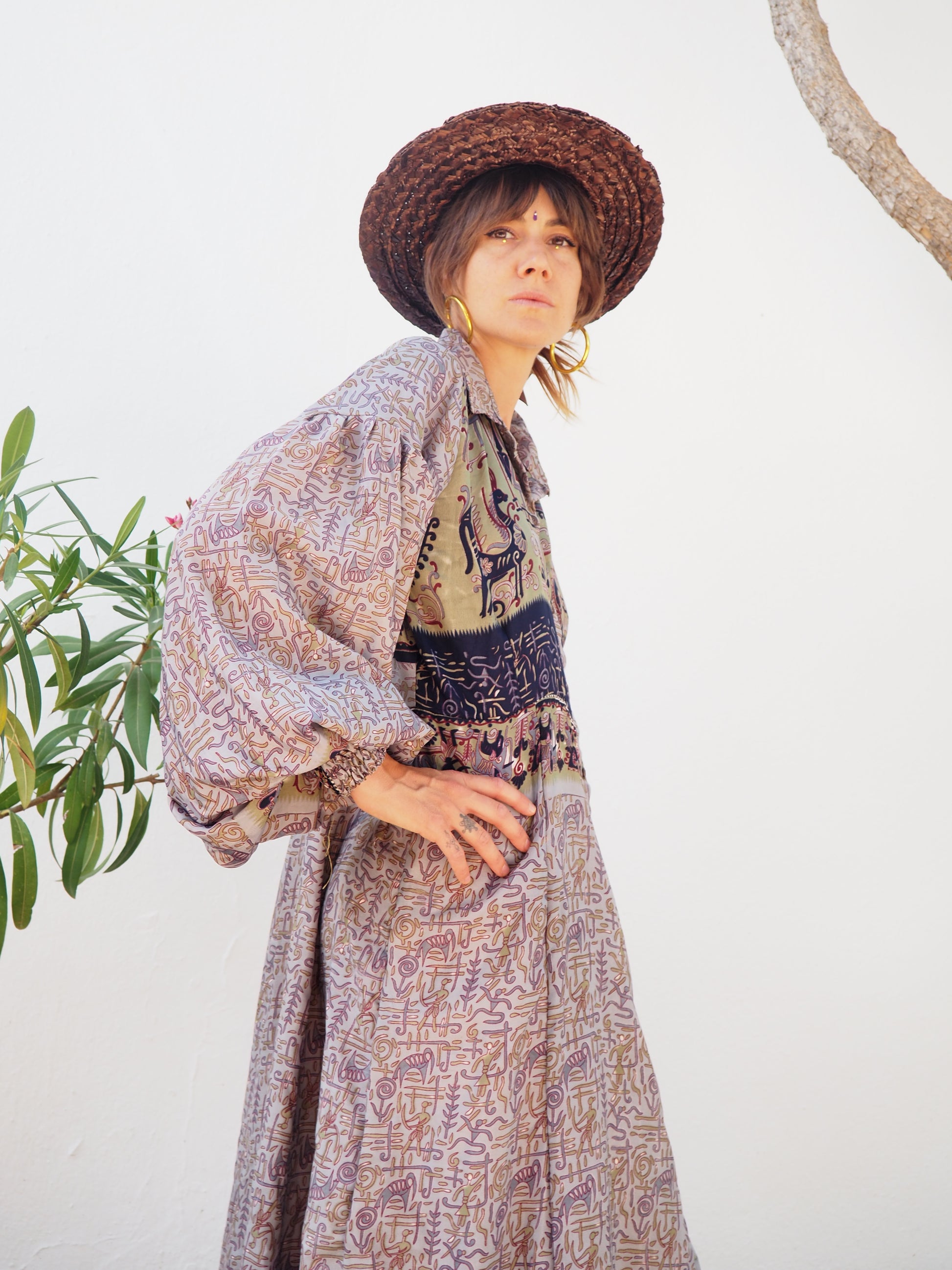 vintage textiles, sari kimono, sari dress, up cycled Indian, bohemian dress, bohemian kimono, kaftan, recycled sari, recycled dress, vintage dress, vintage kimono, slow fashion brand, sustainable fashion brand, up-cycled fashion brand, vintage shop, boho vintage, boho dress, vintage ibiza, recycled fashion brand, floral dress, ethical fashion, up-cycled dress, shop vintage dresses, long sleeve maxi dress, boho maxi dress, puff sleeve maxi dress, oversized sleeves