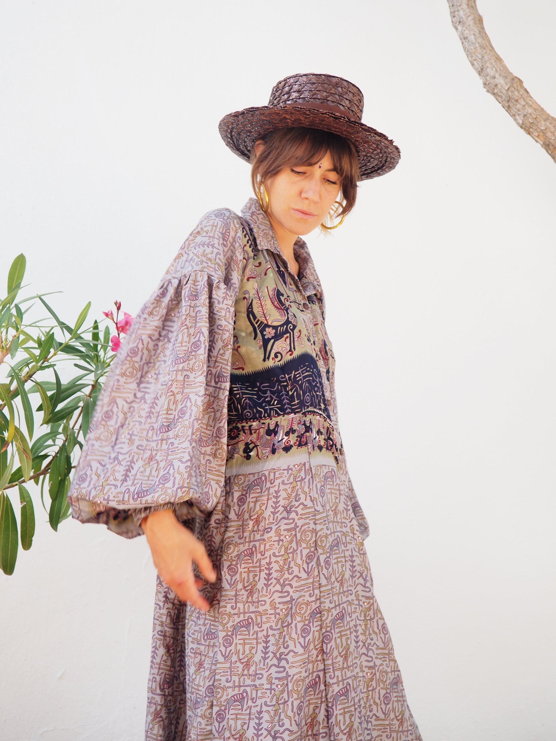 vintage textiles, sari kimono, sari dress, up cycled Indian, bohemian dress, bohemian kimono, kaftan, recycled sari, recycled dress, vintage dress, vintage kimono, slow fashion brand, sustainable fashion brand, up-cycled fashion brand, vintage shop, boho vintage, boho dress, vintage ibiza, recycled fashion brand, floral dress, ethical fashion, up-cycled dress, shop vintage dresses, long sleeve maxi dress, boho maxi dress, puff sleeve maxi dress, oversized sleeves