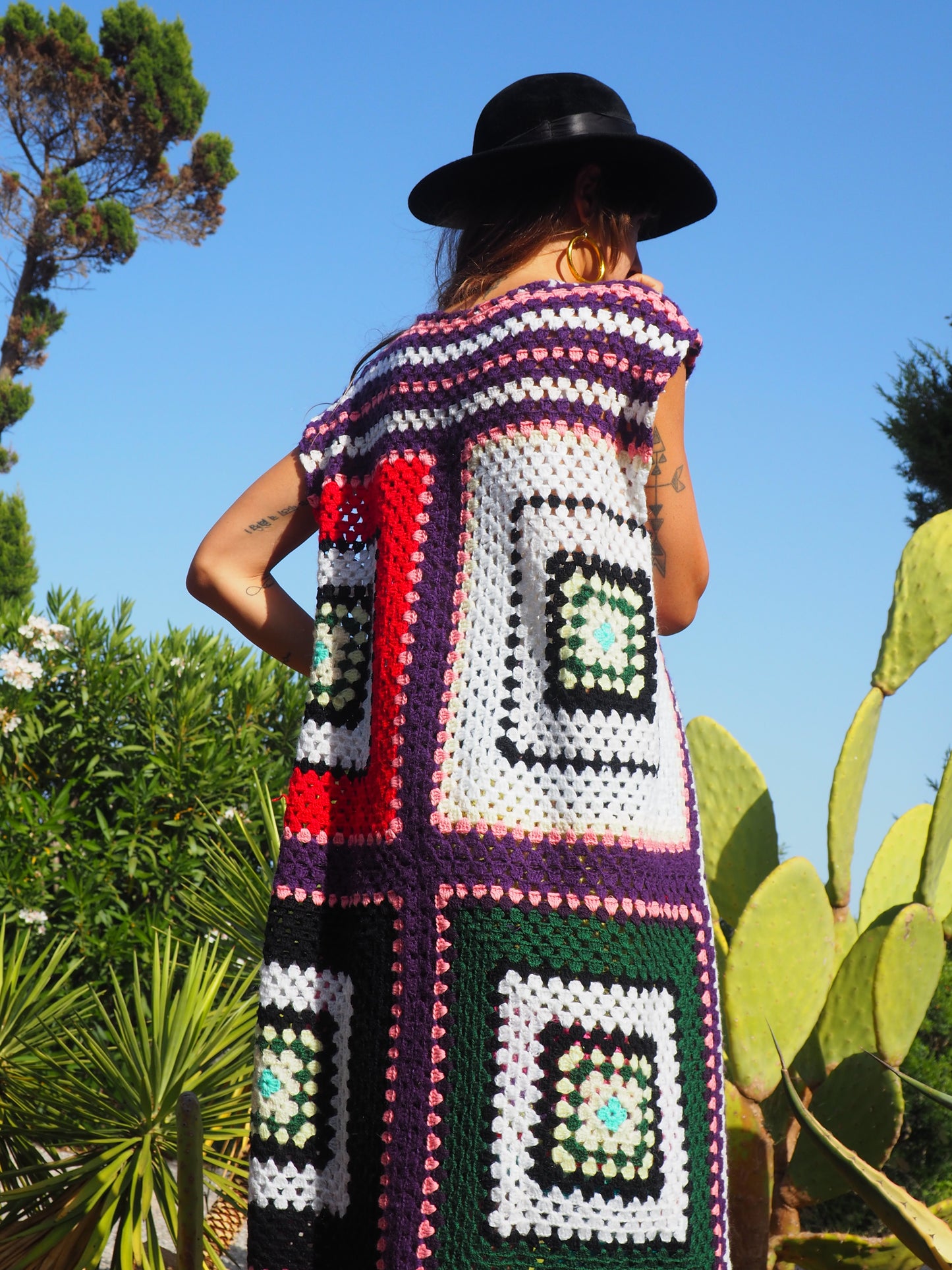 colourful waistcoat, Vintage Crochet Jacket, up cycled jacket , handmade jacket, striped jacket , vintage jacket, 1970s jacket , long waistcoat, slow fashion , sustainable fashion, vintage shop, ibiza vintage shop, ibiza style, bohemian jacket, boho jacket, colourful jacket, festival jacket, hippie style, 70s clothing, original vintage, recycled fashion brand, sustainable fashion brand, slow fashion brand, rainbow fashion, knitted jacket, woven jacket, winter jacket