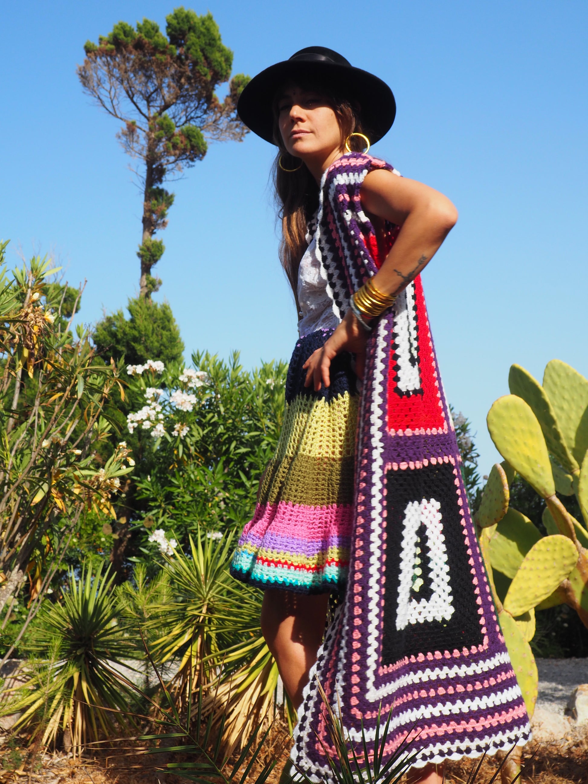 colourful waistcoat, Vintage Crochet Jacket, up cycled jacket , handmade jacket, striped jacket , vintage jacket, 1970s jacket , long waistcoat, slow fashion , sustainable fashion, vintage shop, ibiza vintage shop, ibiza style, bohemian jacket, boho jacket, colourful jacket, festival jacket, hippie style, 70s clothing, original vintage, recycled fashion brand, sustainable fashion brand, slow fashion brand, rainbow fashion, knitted jacket, woven jacket, winter jacket